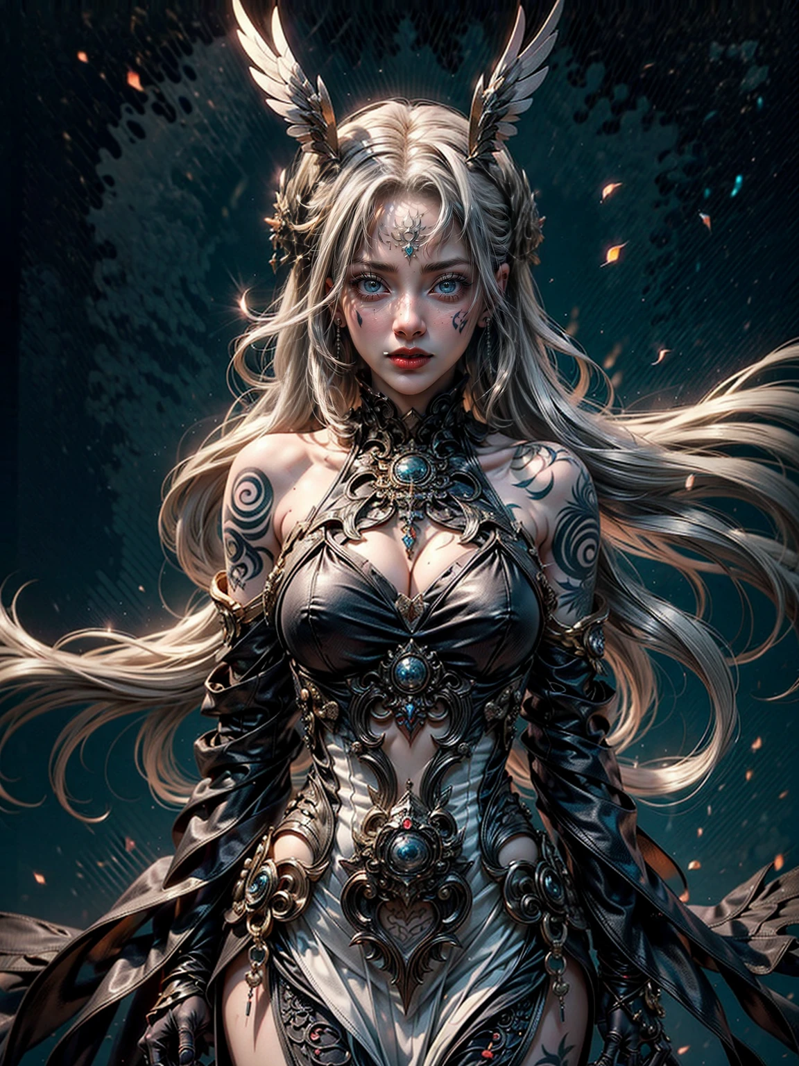 A beautiful , Sexual position, Erotic design , Erotic face, pose, Gray hair on pores, small tit, largeeyes, Sexy eyes, The whole body is covered with tattoos, Redlip, sensual lip, sensual face, pornographic, pose, full bodyesbian, (Windy), white backgrounid, dark light, White dress,