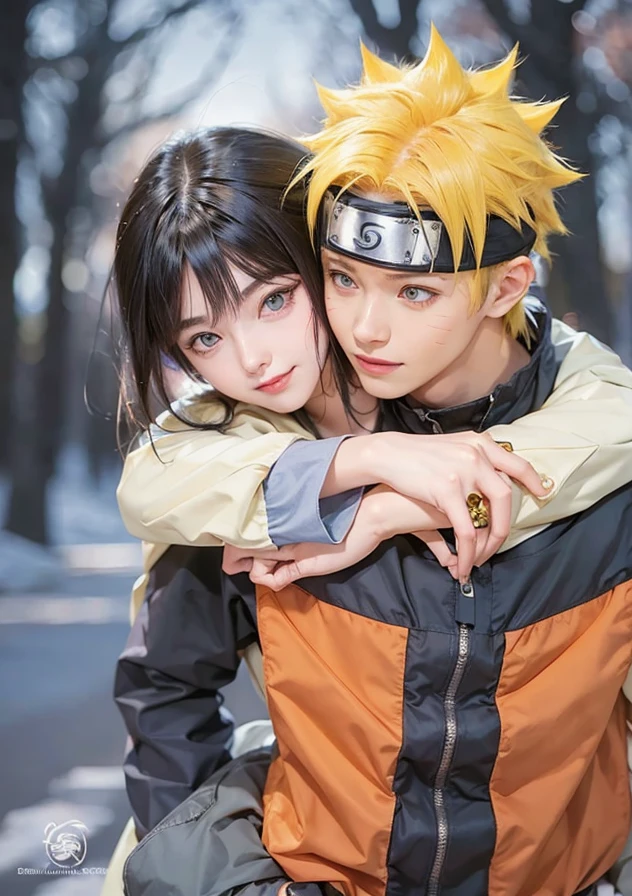 1man, uzumaki naruto in anime naruto, short hair, yellow hair, blue eyes, smile, beautiful, orange clothes, realistic clothes, detail clothes, outdoor background, ultra detail, realistic.1girl, hinata in anime naruto, long hair, black hair, white eyes, smile, beautiful, purple clothes, , realistic clothes, detail clothes, outdoor background, ultra detail, realistic