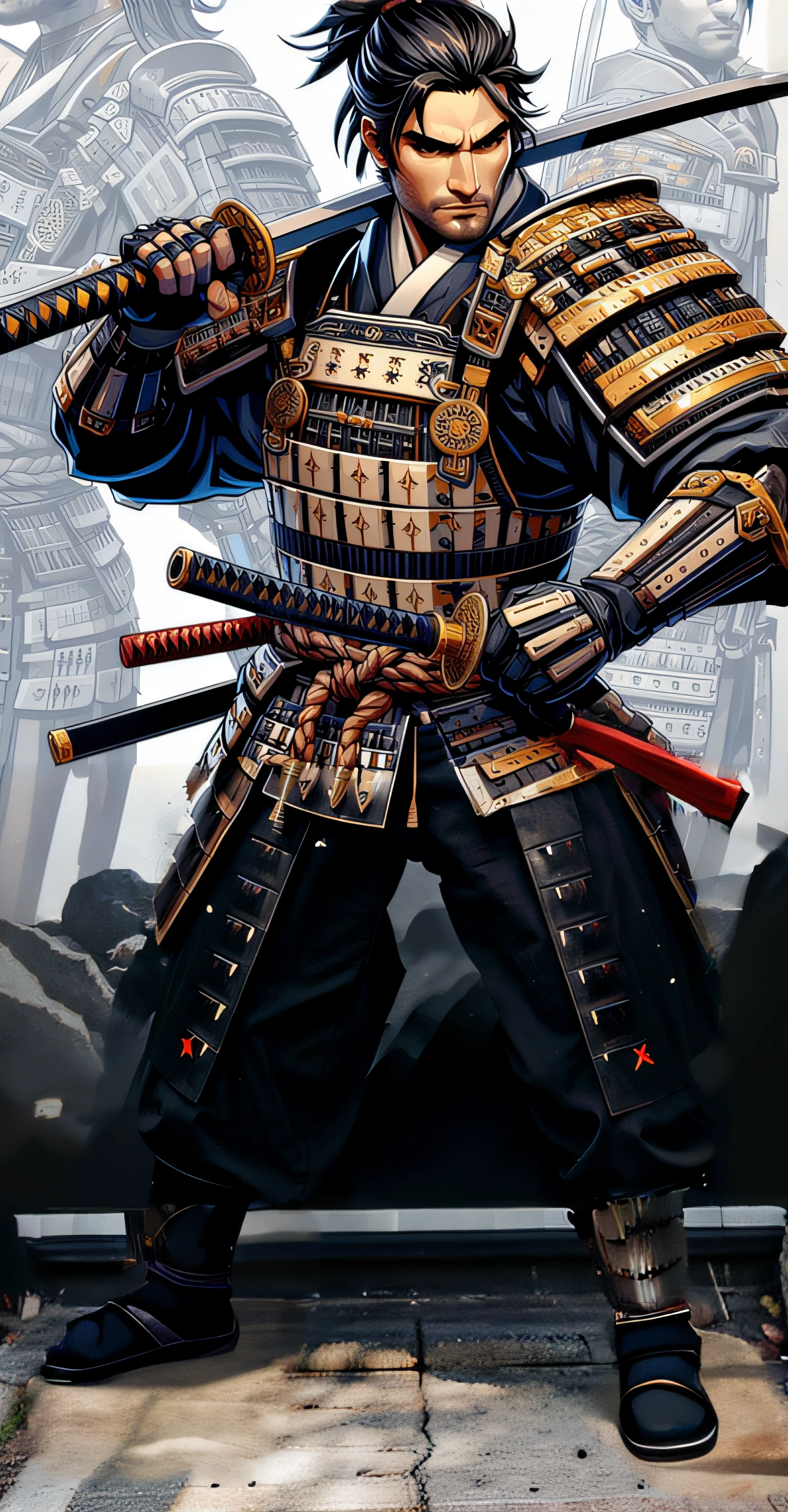 A skilled samurai with traditional armor, a sharp katana, and a calm expression, reflecting his mastery in combat. RPG character, cartoon, simple art