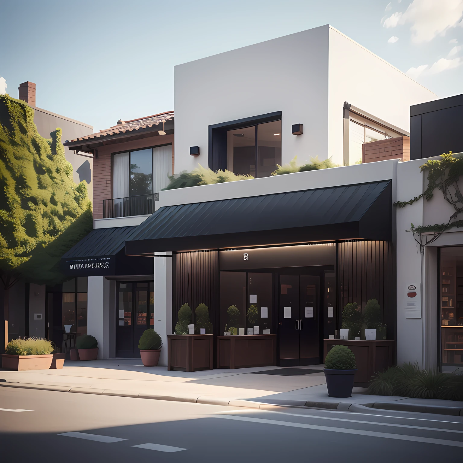 architecture shot, single building of a Starbuck café, empty parking bay at the front, nice shrubbery surrounding the café, blue skies with minimal clouds, hyper-realistic, 8k, morning.