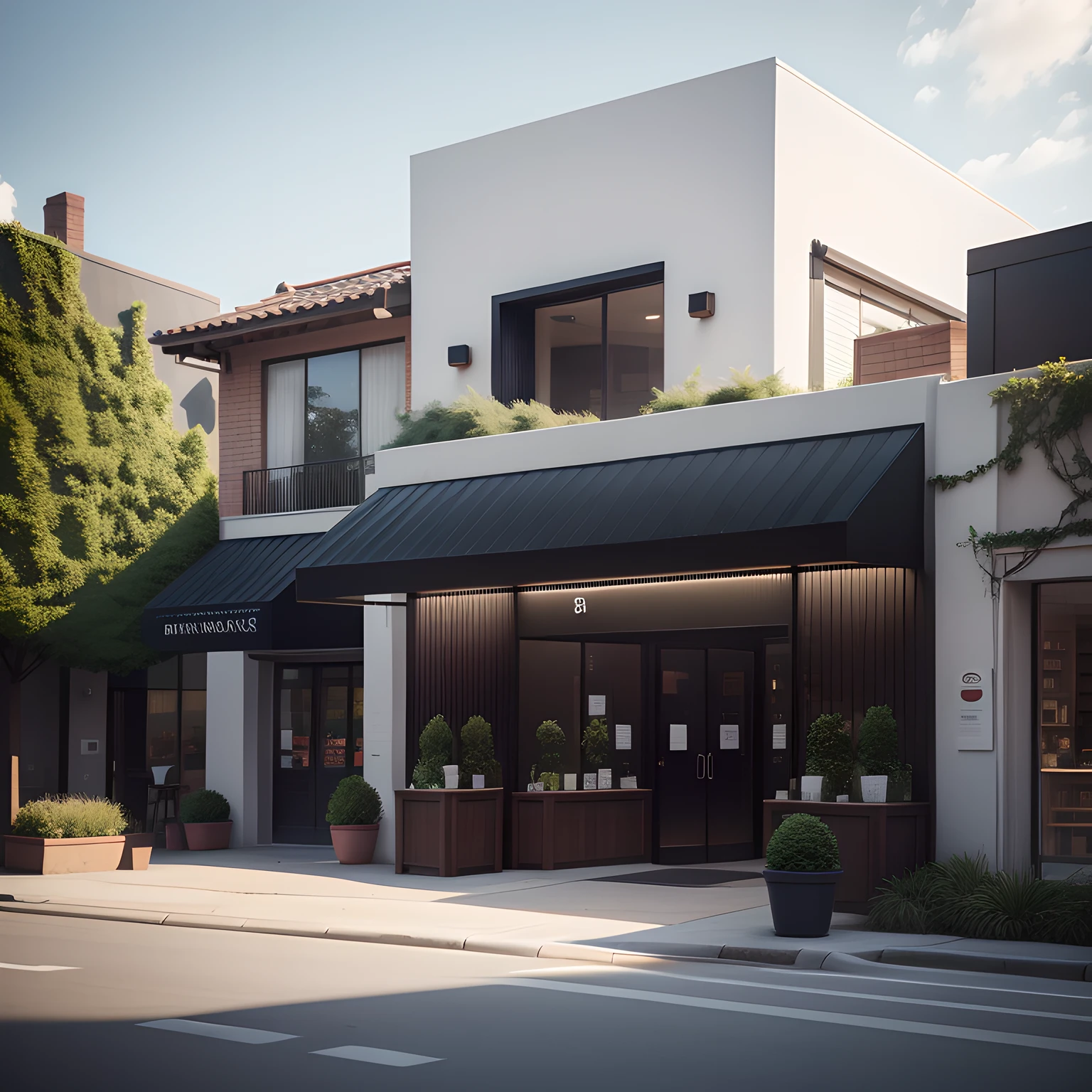 architecture shot, single building of a Starbuck café, empty parking bay at the front, nice shrubbery surrounding the café, blue skies with minimal clouds, hyper-realistic, 8k, morning.