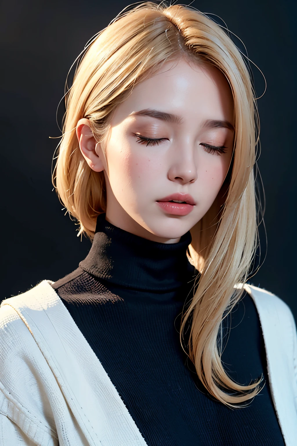 A European and American female model, looking up, with a side face, realistic portrait photography, taking half body shots, minimalist. Golden hair, wearing a dark turtleneck sweater, eyes closed, clean and bright ears, with delicate lines. The background is a dark gradient with a blue light source, soft contrast, realistic details, captured with a Canon camera, and professionally corrected for color