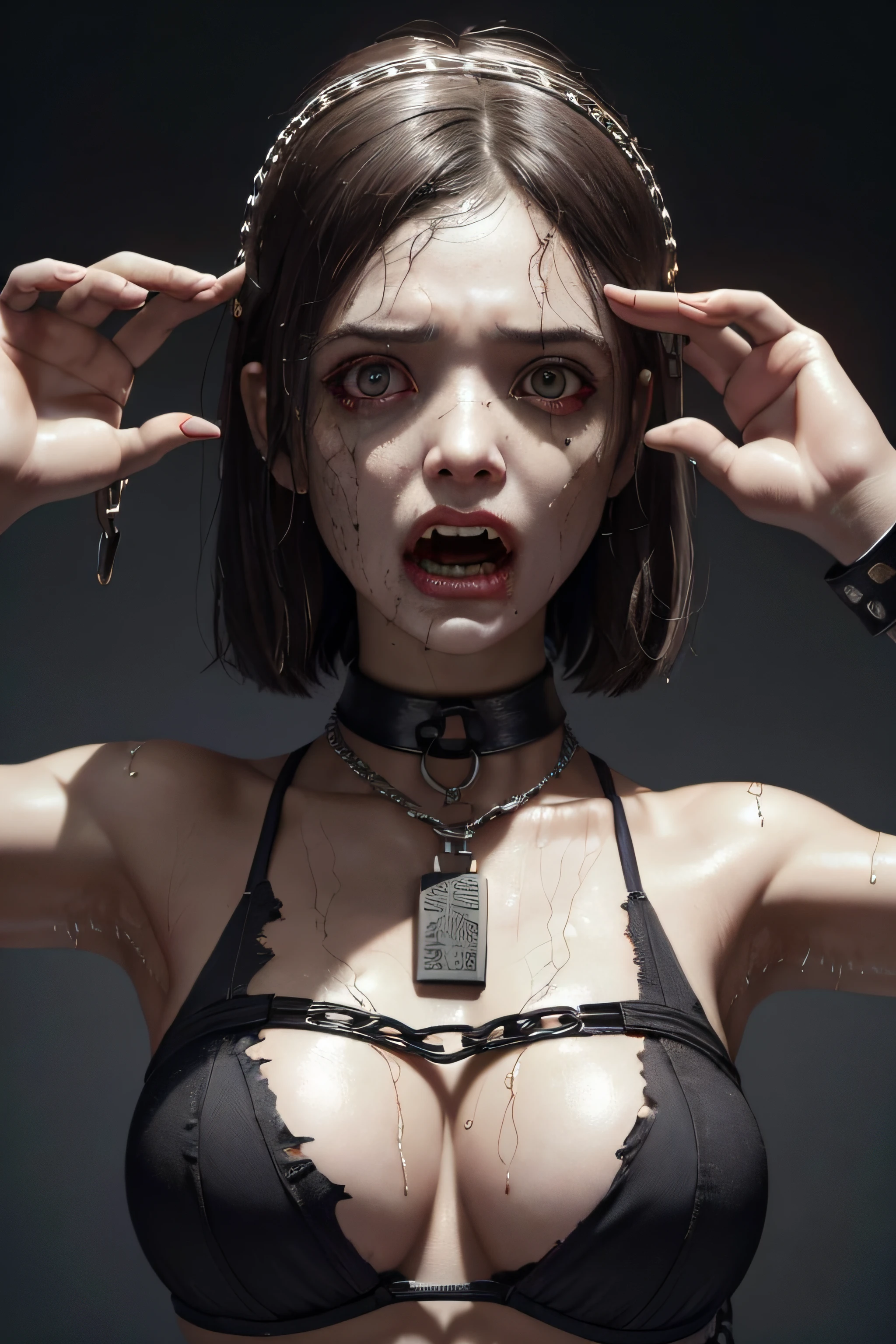 beuaty girl, The background is blurred out, (Zombies attach and attack: 1.2)), ((tmasterpiece)), ((k hd)), ((Best quality at best)), the detail, (NSFW, scream), ((Hands are tied, handcuff, The wrists are restrained, raise both arms, watery big eyes, brunette color hair, collars,)), G string, front tie bra, (Torn clothes)), Large breasts, statues, handcuff, collars, chain, embarressed, fearsome, Chest focus, Perspectives, 电影灯光, perfect shadow, ((废墟, Sacrificial woman surrounded by zombies)))), Realistic lighting tones