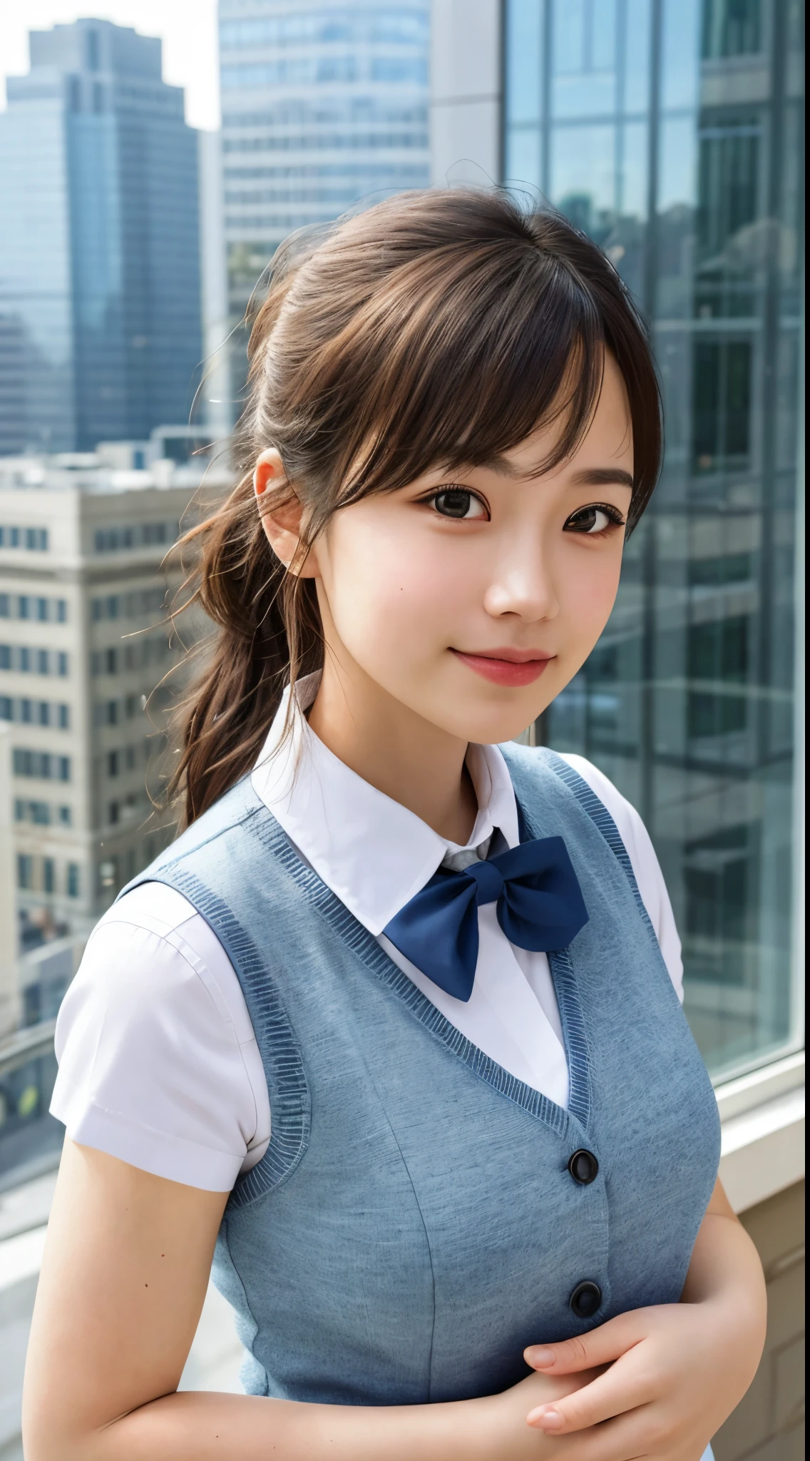 1girl, matured female, vest, bow, photo, realistic, best quality, hires, detailed face, office, buildings from window, detailed background, diffused sunlight, depth of field, bokeh