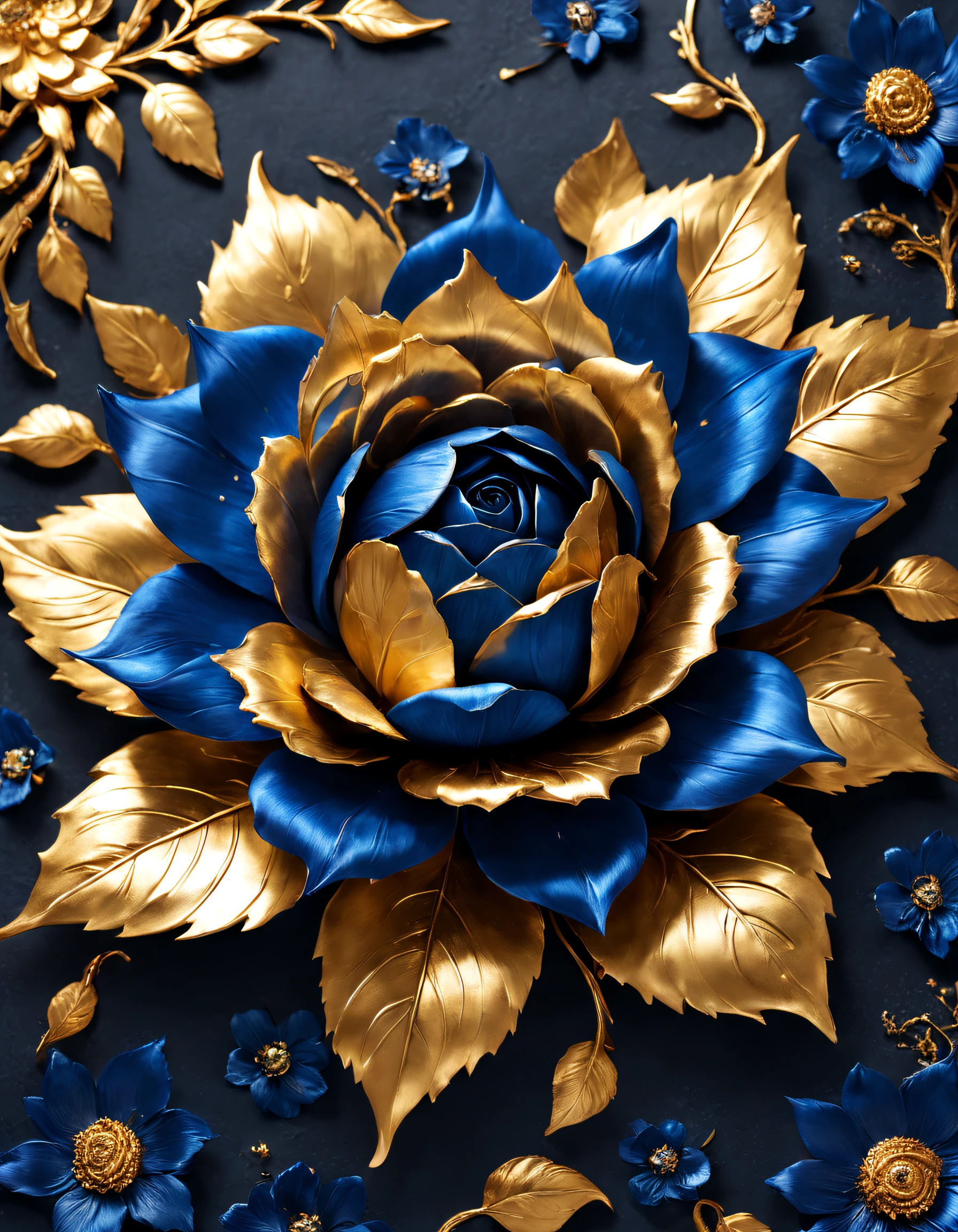 (Blue enchantress rose flower made of precious metal）, Each metallic blue enchantress flower has cascading petals， Blue spray gold sand，gilded，Rich metallic texture，they are dark blue，Like the night sky and the deep sea，Has an attractive metallic luster，leaves made of platinum，（petals trimmed with gold：0.6），The edges of the petals are brushed metal, (Gold-plated embossing: 1.37), golden sunflower flower, golden rose, flowers and gold, Gorgeous flowers,intricate flowers, Messy golden leaf flowers, 16k,baroque element, Capture light and shadow background：Textured rock，Give people a kind of tenacious growth、The feeling of unyielding life