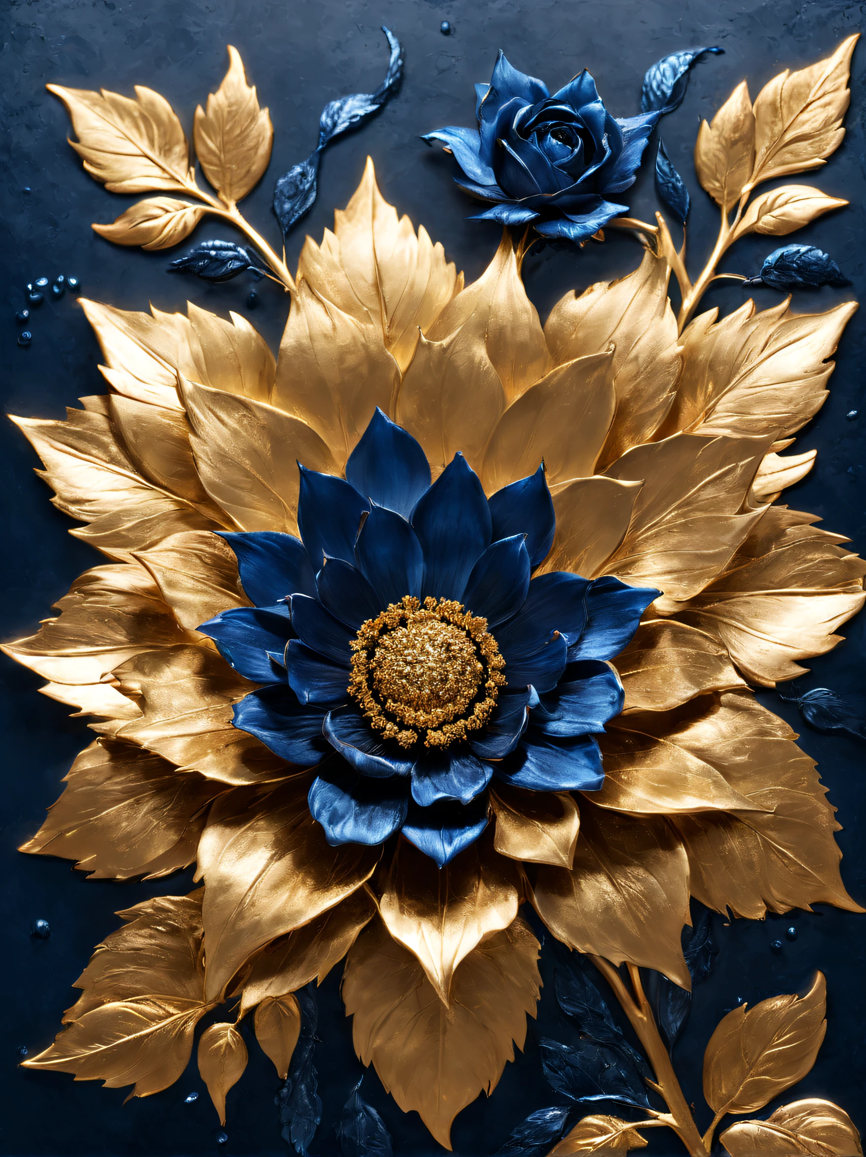 (Blue enchantress rose flower made of precious metal）, Each metallic blue enchantress flower has cascading petals， Blue spray gold sand，gilded，Rich metallic texture，they are dark blue，Like the night sky and the deep sea，Has an attractive metallic luster，leaves made of platinum，（petals trimmed with gold：0.6），The edges of the petals are brushed metal, (Gold-plated embossing: 1.37), golden sunflower flower, golden rose, flowers and gold, Gorgeous flowers,intricate flowers, Messy golden leaf flowers, 16k,baroque element, Capturing light and shadow，Give people a kind of tenacious growth、Unyielding emotional life background：Rock texture，