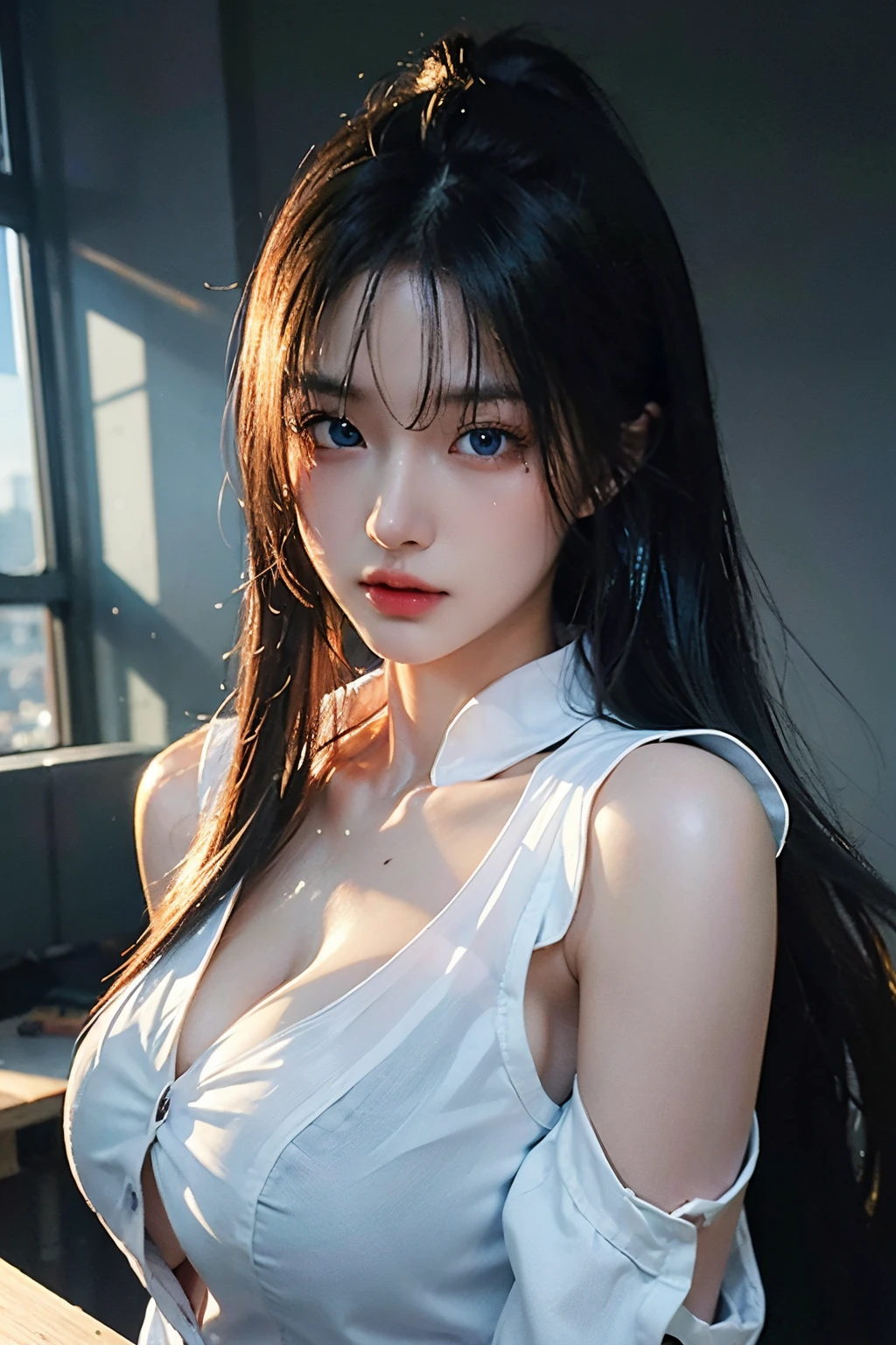 超A high resolution,masutepiece,Best Quality, ,perfect glossy shiny skins,Perfect Lighting,Detailed Lighting,Dramatic shadows,Ray tracing, 1girl in,Upper body,Wet White Button Up Shirt,Looking at Viewer, off shoulders, Big breasts, Exposed cleavage, Blue eyes, Sharp face, Sharp eyes, Cyberpunk