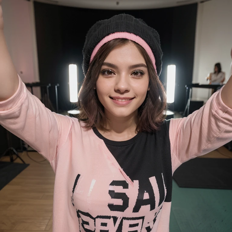 Mujer, pale-skin, ((expresiones faciales sonriendo))((cabello negro corte BOB)), square jaw. ((Playera blanca)) ((chaqueta de cuero)). ((Pink gorro invierno)) ((selfie)). ((Escenario un estudio cinematografico)). ((Piel humana hipperrealista)).