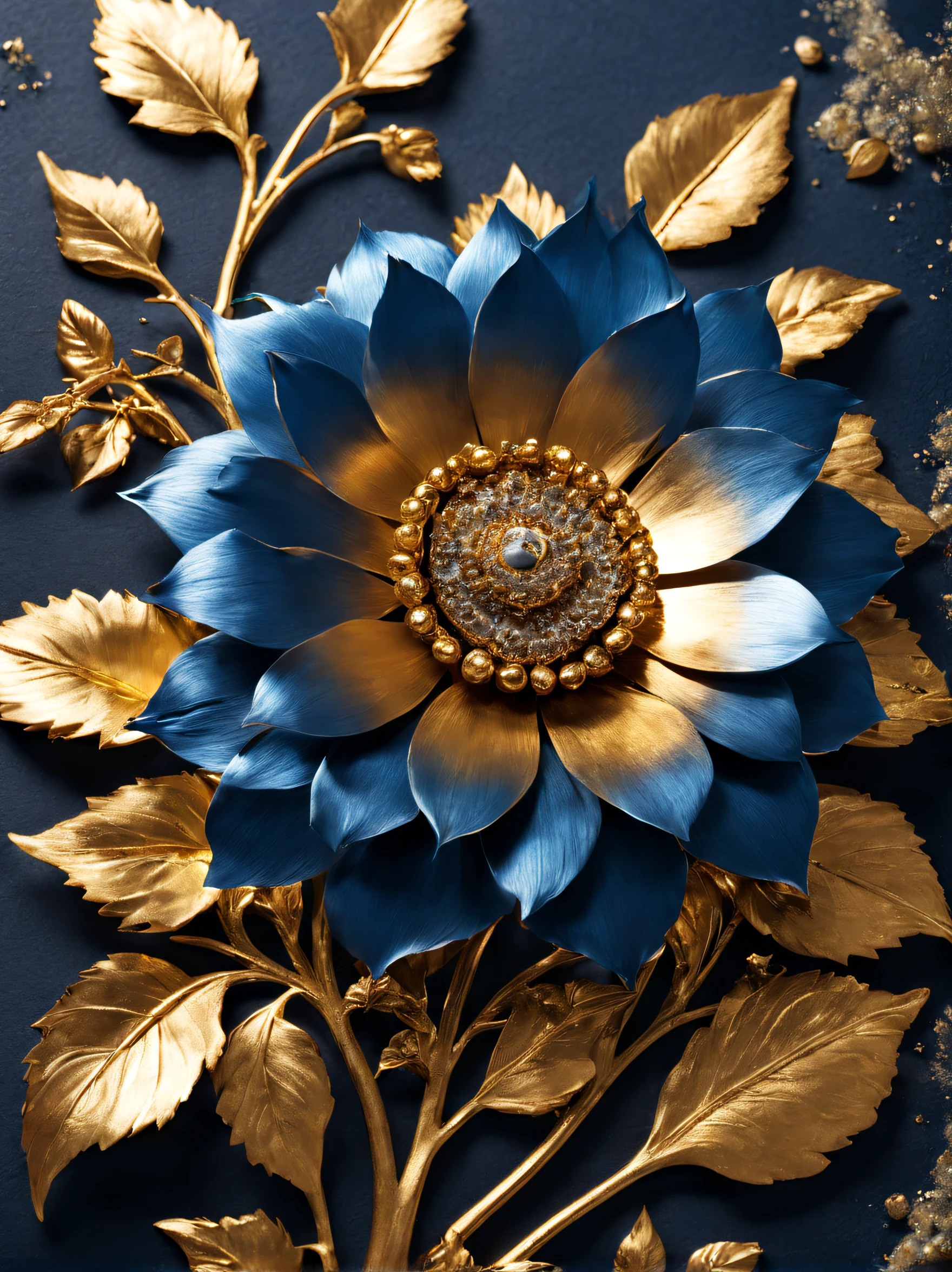 (Blue enchantress rose flower made of precious metal）, Each metallic blue enchantress flower has cascading petals， Blue spray gold sand，gilded，Rich metallic texture，they are dark blue，Like the night sky and the deep sea，Has an attractive metallic luster，leaves made of platinum，（petals trimmed with gold：0.6），The edges of the petals are brushed metal, (Gold-plated embossing: 1.37), golden sunflower flower, golden rose, flowers and gold, Gorgeous flowers,intricate flowers, Messy golden leaf flowers, 16k,baroque element, Capture light and shadow，Give people a kind of tenacious growth、Unyielding feeling background of life：Rock texture，