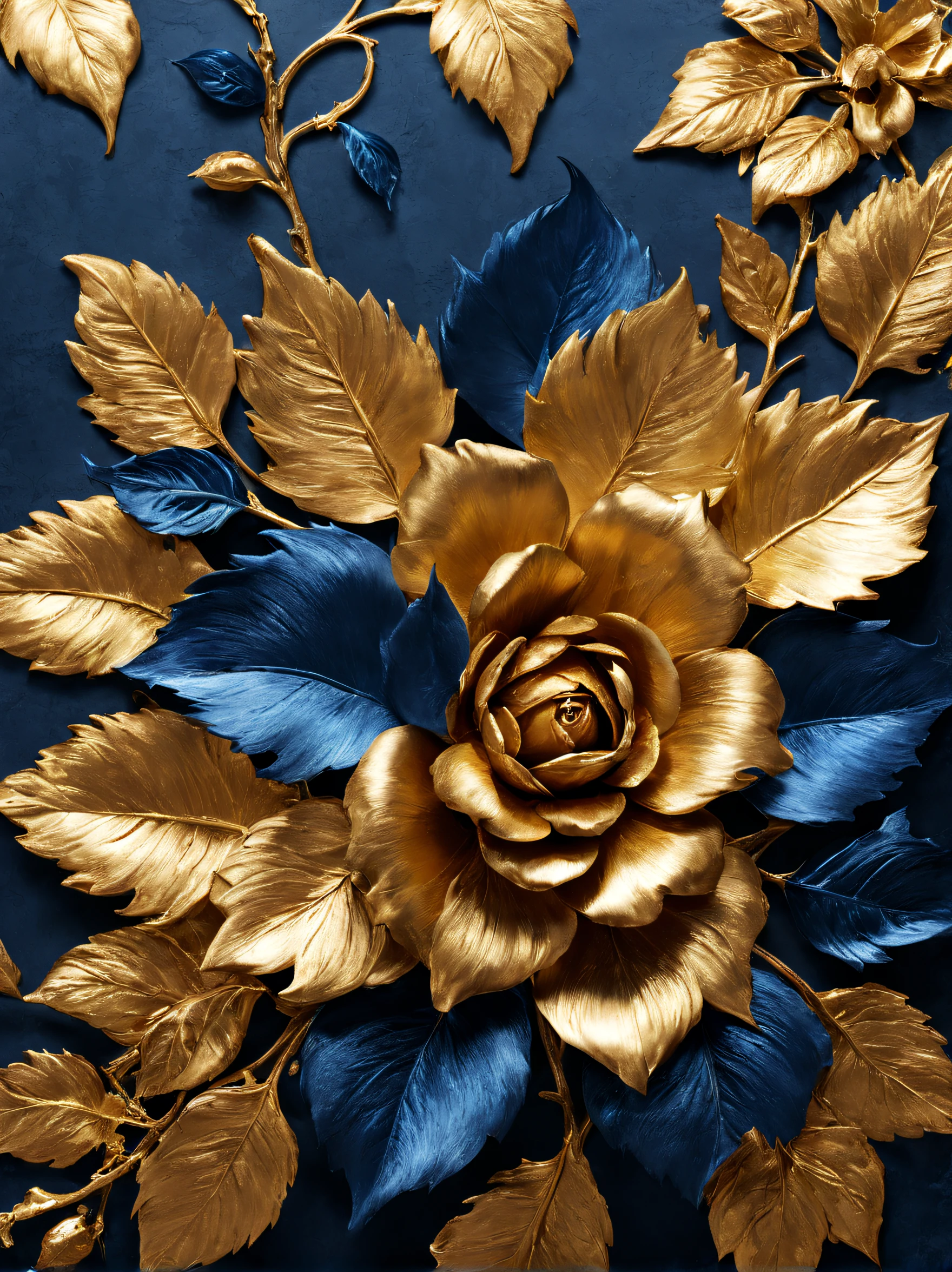 (Blue enchantress rose flower made of precious metal）, Each metallic blue enchantress flower has cascading petals， Blue spray gold sand，gilded，Rich metallic texture，they are dark blue，Like the night sky and the deep sea，Has an attractive metallic luster，leaves made of platinum，（petals trimmed with gold：0.6），The edges of the petals are brushed metal, (Gold-plated embossing: 1.37), golden sunflower flower, golden rose, flowers and gold, Gorgeous flowers,intricate flowers, Messy golden leaf flowers, 16k,baroque element, Capture light and shadow，Give people a kind of tenacious growth、Unyielding feeling background of life：Rock texture，