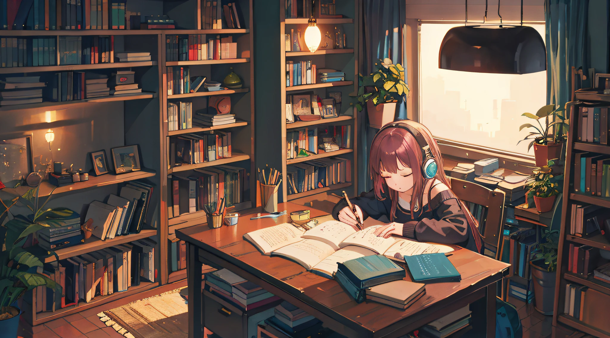 Illustration, young girl, headphones, writing, lamp, cozy room, nighttime, cityscape, wooden table, potted plant, sleeping cat, books, window, bookshelf, Synthwave.