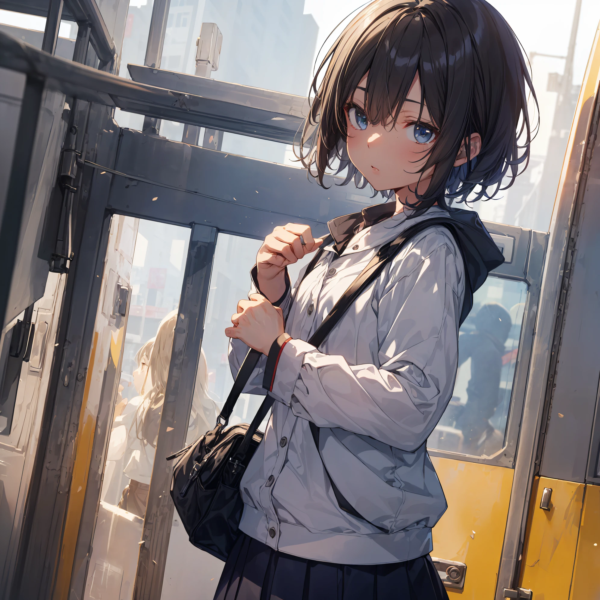 ((top quality, anime, ultra-detailed,high resolution,extremely detailed CG,unity 8k wallpaper, by famous artist, perfect ???????, super detailed skin, cinematic lighting,)),break,(Please draw a girl walking sleepily to school. :1.3),break, 1girl, (Solo,Loli,child,13-year-old:1.5),a junior high school student, androgynous charm, (Very Short hair), Full limbs, complete fingers,flat ?????, Small ????, groin, Small eyes,beatiful detailed eyes,Beautiful detailed lips, disgusted eyes, school Uniform, (Detailed Lighting), (Detailed background), (in the School commute route),