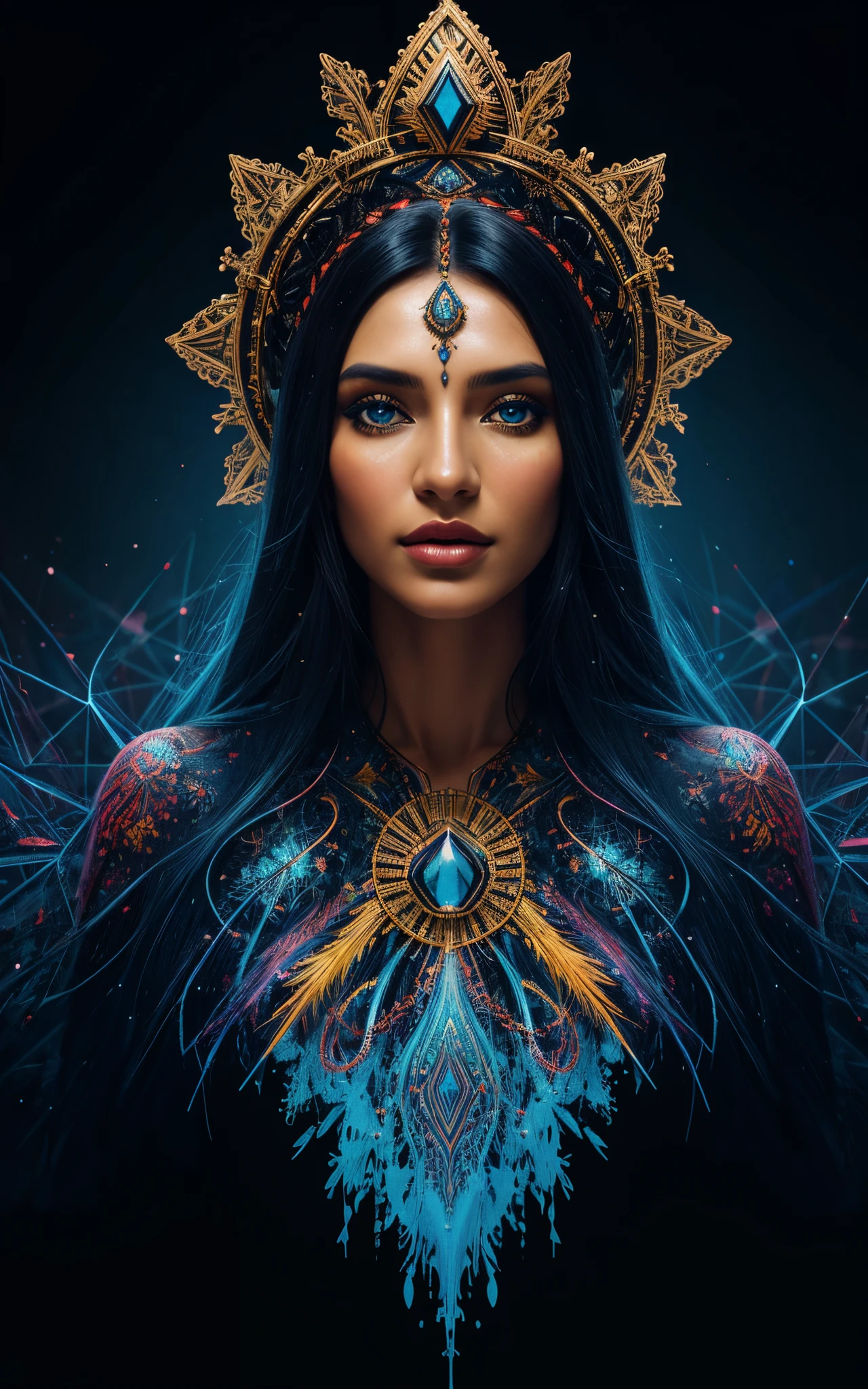 ultra-detailed artistic abstract beautiful indigenous woman with long black hair, magic with bioluminescent filigree, geometric photography, 32k fashion abstract poster, detailed symmetrical blue iris, natural body posture by artist russ mills, art by alberto seveso, by Carne Griffiths, by Wadim Kashin, symmetrical, abstract art style, sharp eyes, digital painting, burst of color, concept art , volumetric lighting, by GIlSam-paio octane rendering depicting innovation and truth, 8k, by Lee Jeffries, Alessio Albi, Adrian Kuipers, glamour, intricate detailed environment, lace, smudges , dark background, masterpiece, ornate, depth - studio Gs perfecty.