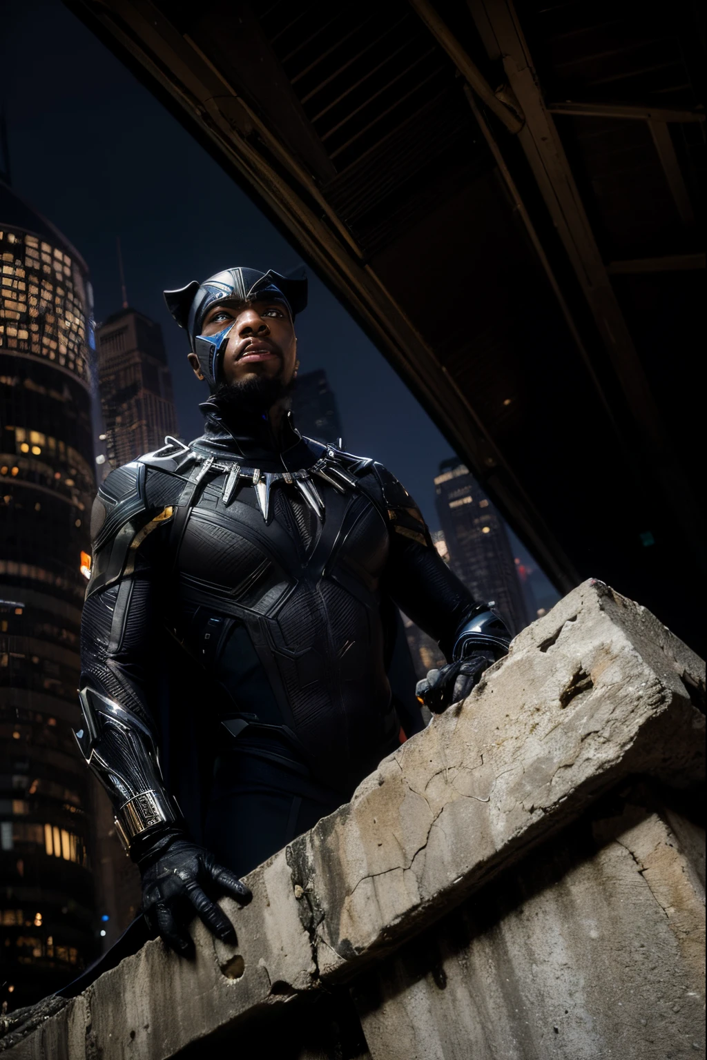 "Transform the image into the technologically advanced city of Wakanda, infused with Afrofuturism aesthetics and cutting-edge technology. Envision a cityscape adorned with sleek, futuristic architecture and advanced gadgets, showcasing the vibrant essence of Wakanda's innovation. Populate the skies with futuristic spaceships soaring above the city, adding a sense of grandeur and advancement. At the ground level, feature the iconic Black Panther superhero amidst the cityscape, exuding strength and grace. Utilize cinematic dynamic lighting to highlight the contrast between the high-tech cityscape and the heroic presence of Black Panther, casting dramatic lights and shadows to create an awe-inspiring scene that embodies the essence of Wakanda's futurism and heroism."