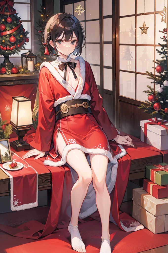 "Ulrich von Hutten from azur lane , Santa Claus costume with no bear, giving a gift to the viewer, cozy house, Christmas decorations, illustration, high quality, ultra-detailed, realistic, vivid colors, warm lighting"