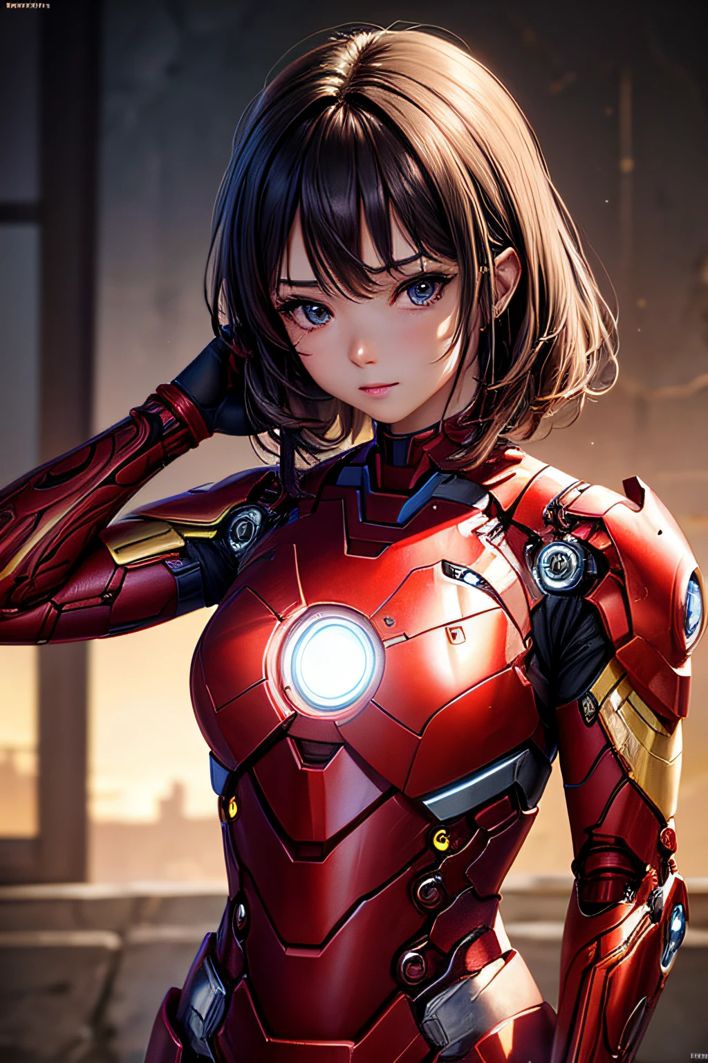 Highest quality　8k Iron Man suit girl　Elementary school girl　Sweaty face　cute　short hair　boyish　Steam coming from the head　My hair is wet with sweat　Black hair feel　Full body portrait　Ecstatic expression　Drooling dripping from the mouth　look up　bare hands　Lying in bed　((Spread your legs wide)) I can see the vagina　Front view
