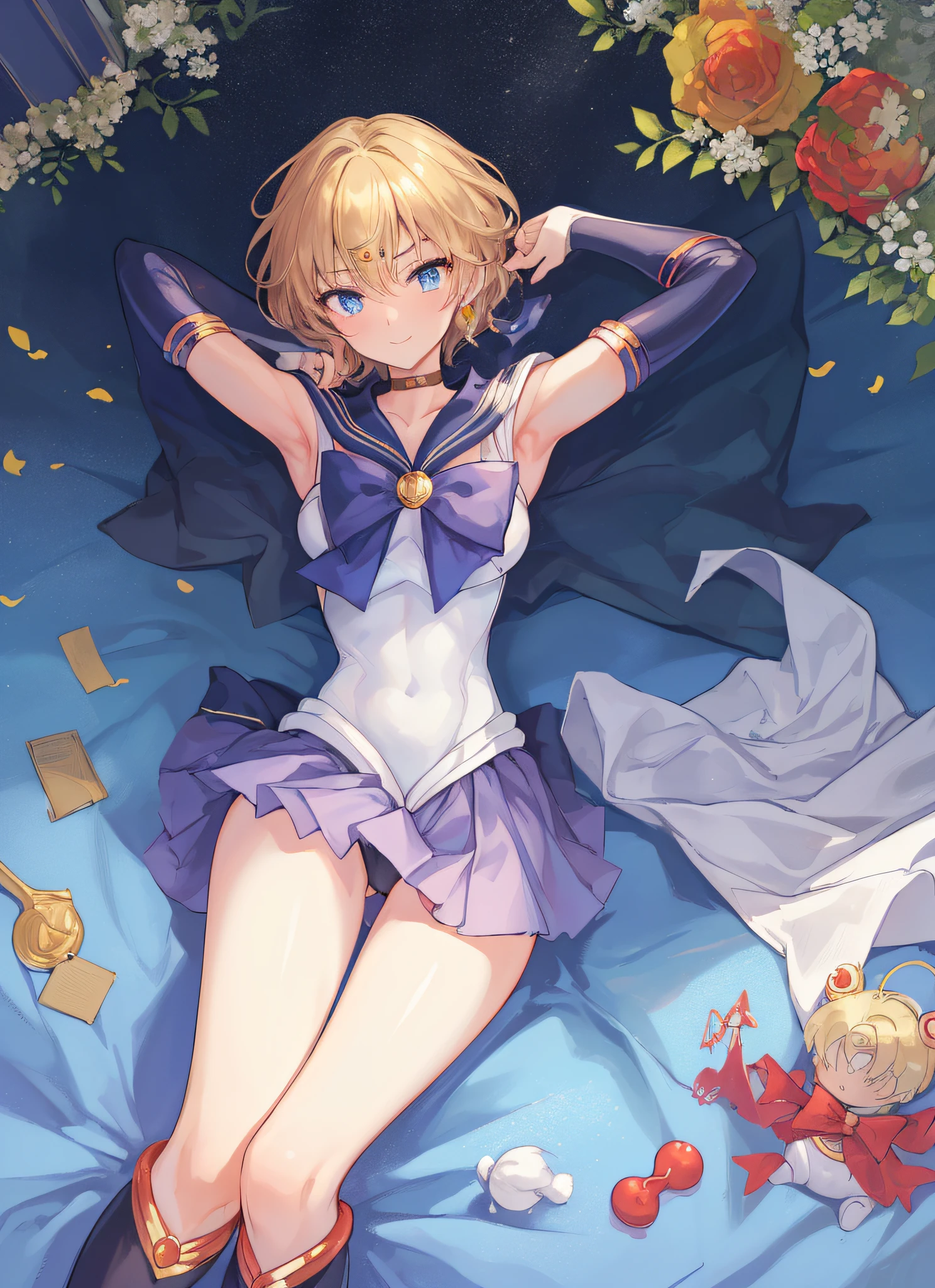 ​masterpiece, top-quality, hight resolution, 8K, Hi-Res, ultra-detailliert, 1girl in, (Anatomically correct), Full limbs, complete fingers, Slender 18 year old beautiful active girl, blue eyess, Slender eyes, a blond,、Large ribbon、 extra very short hair, (Black skin:1.2), (Sailor Moon: 1.3), (white  leotard), (Sailor color in orange), the bow, (Over-the-knee boots:1.1), a choker, (white glove), Gold Choker, (elbowgloves), (orangeskirt), sole, (Lying in bed), A smile, High school students, Full body like, Bust 86, Waist 58, Hip 88, (full of sweat), (Put your hands behind your head, Show the armpits:1.28), (Tempered body, Toned body, Split abs:1.1), (Sexy Posing)、The skirt is flipped up、Pants are visible、Spread your crotch