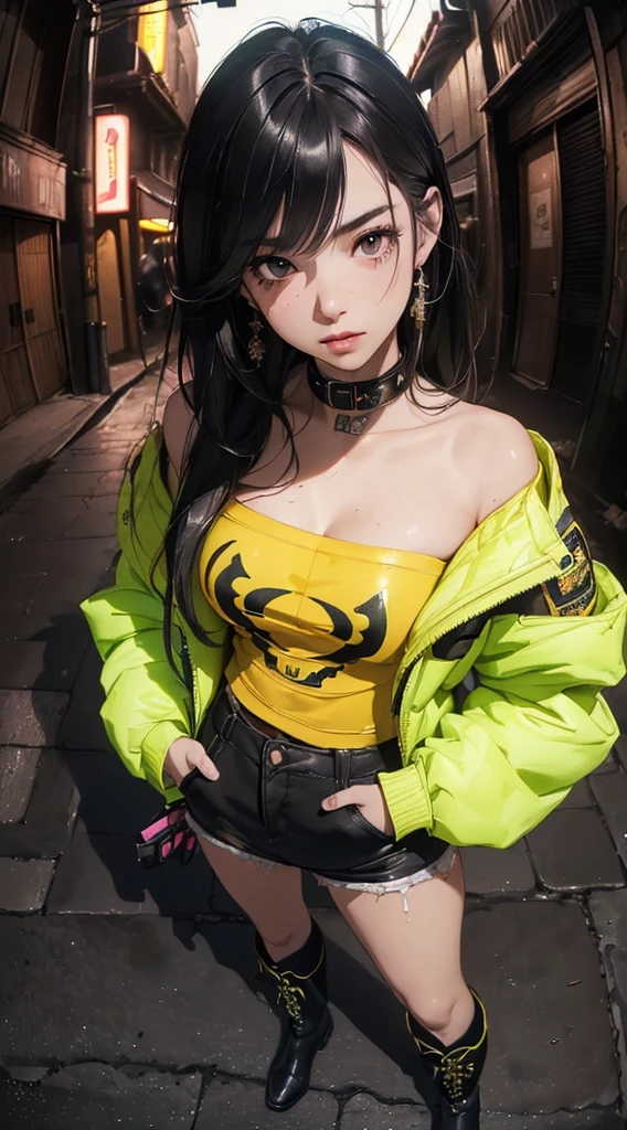 (((8k wallpaper of extremely detailed CG unit:1.2, masterpiece, hight resolution:1.2, top-quality:1.2, masutepiece))), ((a very beautiful woman, leaning against the wall:1.2, Hands in pockets:1.8, Street fashion:1.2, Wearing a yellow jacket:1.2, Wearing boots)), ((extra detailed face, Highly detailed black eyes, extra detailed body, Top quality real texture skins)), (Straight Hair Hair:1.4, de pele branca, exposed shoulder), ((Empty alley, Mileland. natta, Neon Street)), (high-angle, a closeup, Fisheye:1.3), hyper realisitic, digitial painting,