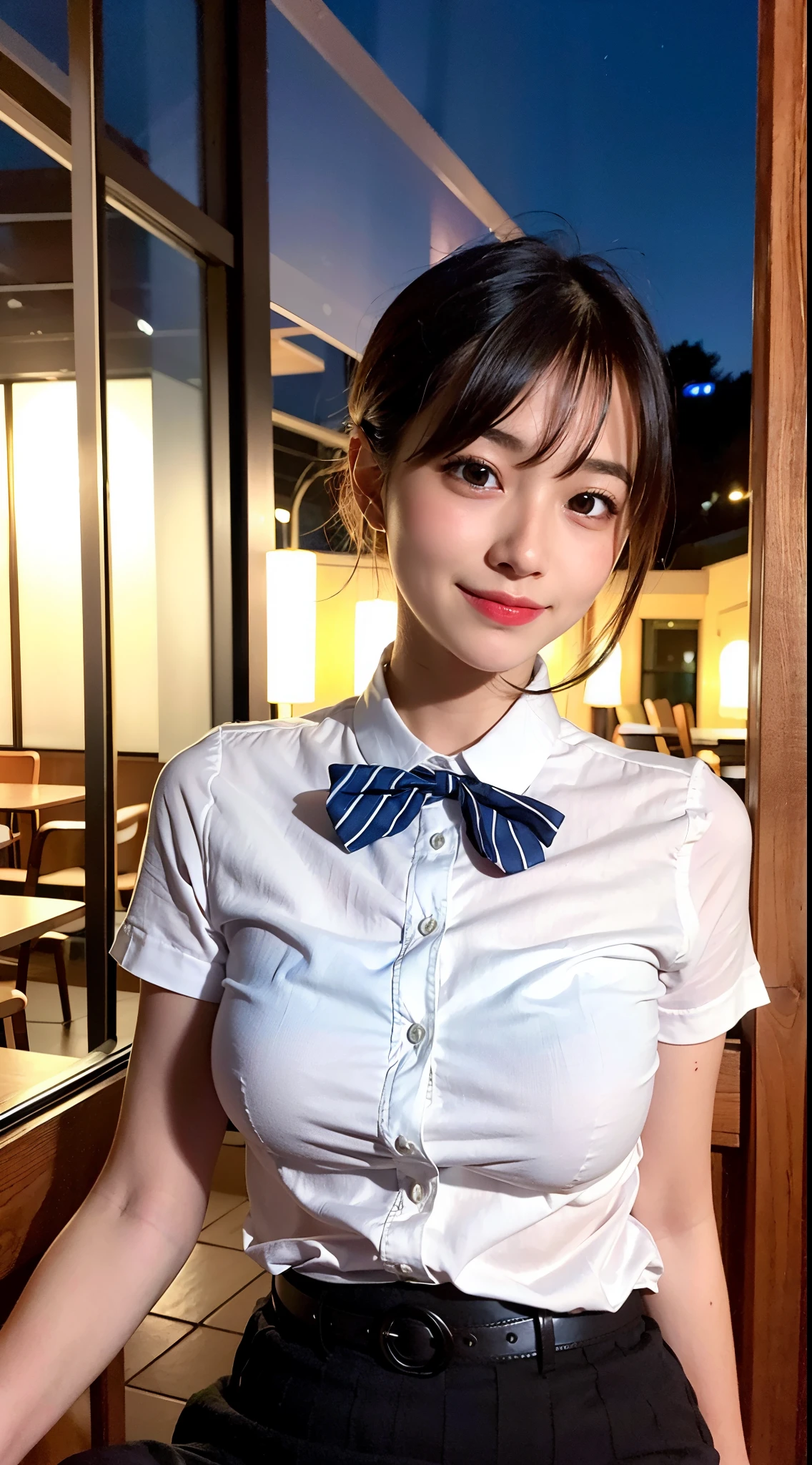 (8K, Raw photo, Best Quality, masutepiece:1.2), (Realistic, Photorealsitic:1.37), Ultra-detailed, 1 girl,Cute, Solo,Beautiful detailed sky,Detailed Cafe,Night,Sitting,Dating,(nose blush),(lightsmile:1.1), medium breasts,Beautiful detailed eyes,(Collared shirt:1.1), bowtie,Pleated skirt,(Short hair:1.2),Floating hair