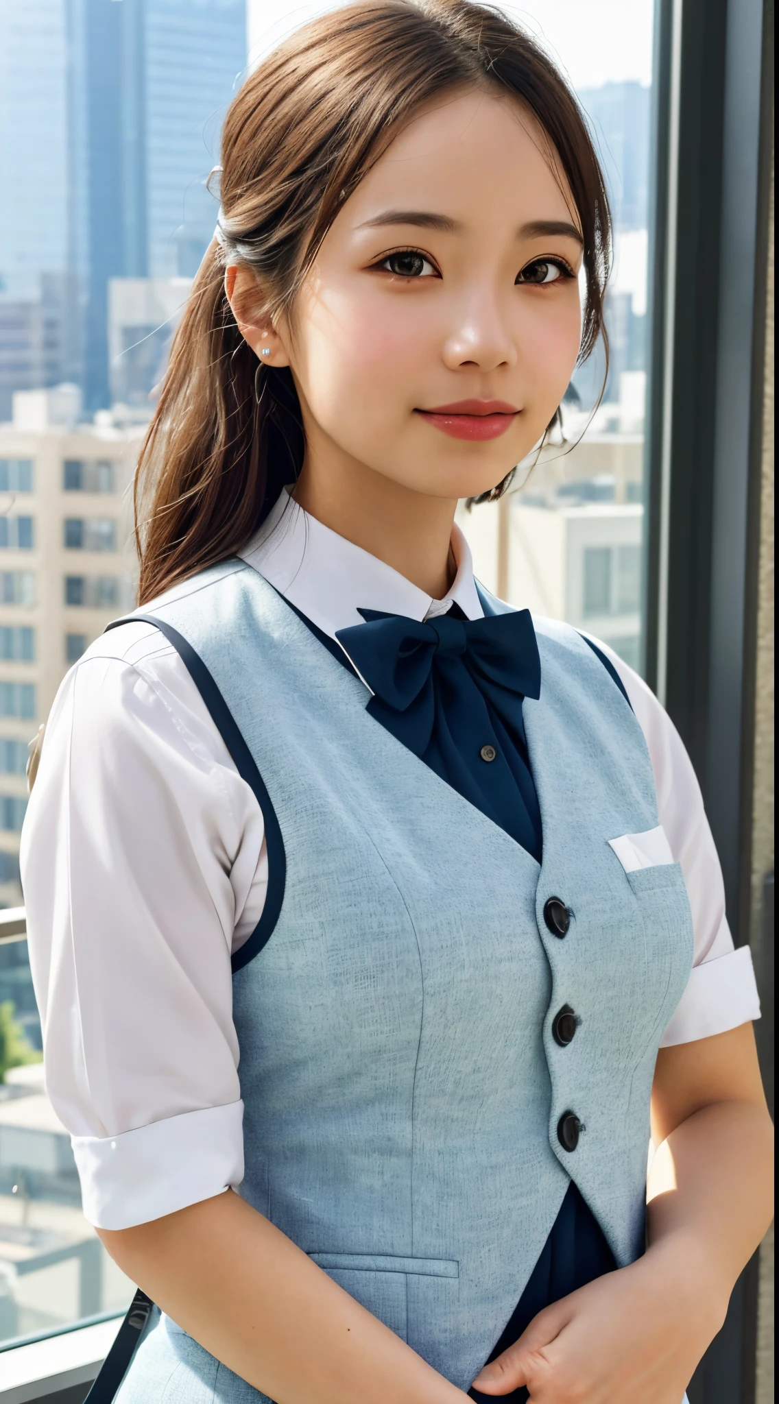 1girl, matured female, vest, bow, photo, realistic, best quality, hires, detailed face, office, buildings from window, detailed background, diffused sunlight, depth of field, bokeh