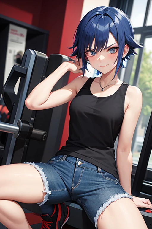 flannery from pokemon, black tank top, blue jeans, black shoes, red hair, smirk, in the gym