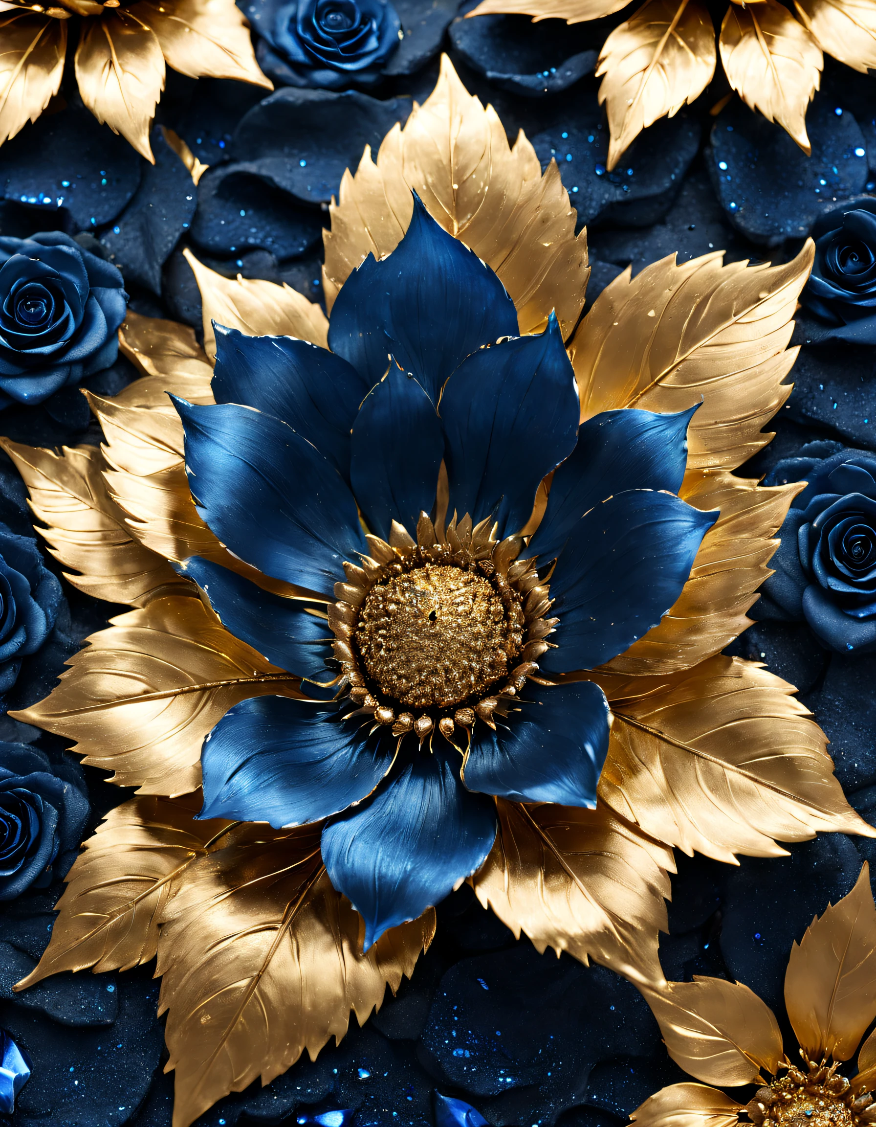 (Blue enchantress rose made of precious metal）, Each metallic blue enchantress flower has cascading petals， Blue spray gold sand，gilded，Rich metallic texture，they are dark blue，Like the night sky and the deep sea，Has an attractive metallic luster，leaves made of platinum，（Petals made of gold and black gold：1.37），The edges of the petals are brushed metal,  golden sunflower flower, blue enchantress rose, flowers and gold, Gorgeous flowers,intricate flowers, Messy golden leaf flowers, 16k,Rococo elements, Capturing light and shadow，Give people a kind of tenacious growth、Unyielding spiritual foundation：Rough volcanic rock texture，