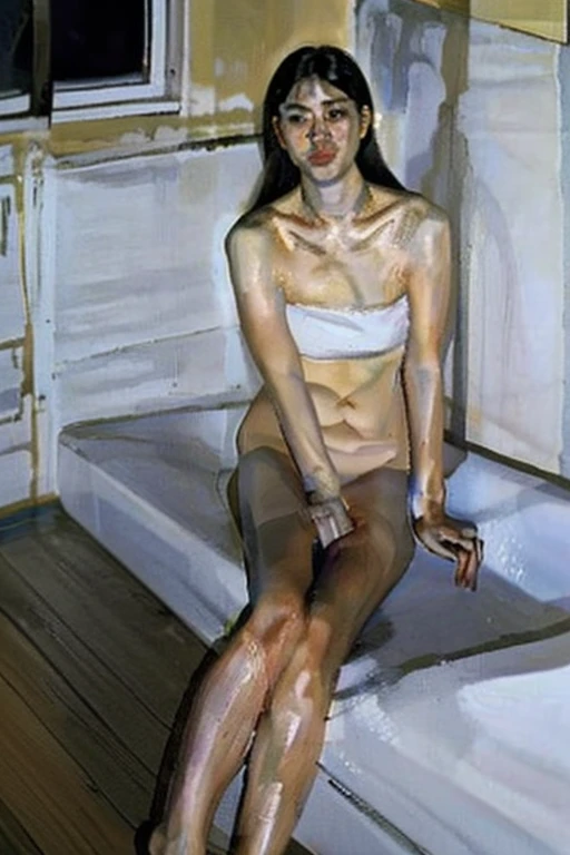 Lucian Freud style, oil painting, direct painting, realism, Chinese women, white skin, upper body nude, black panties, black stockings, sitting position, full body, modern building hotel, next to the bathtub, flash light, extremely thin, straight Looking at the camera, shawl hair, sideways, ((thin))