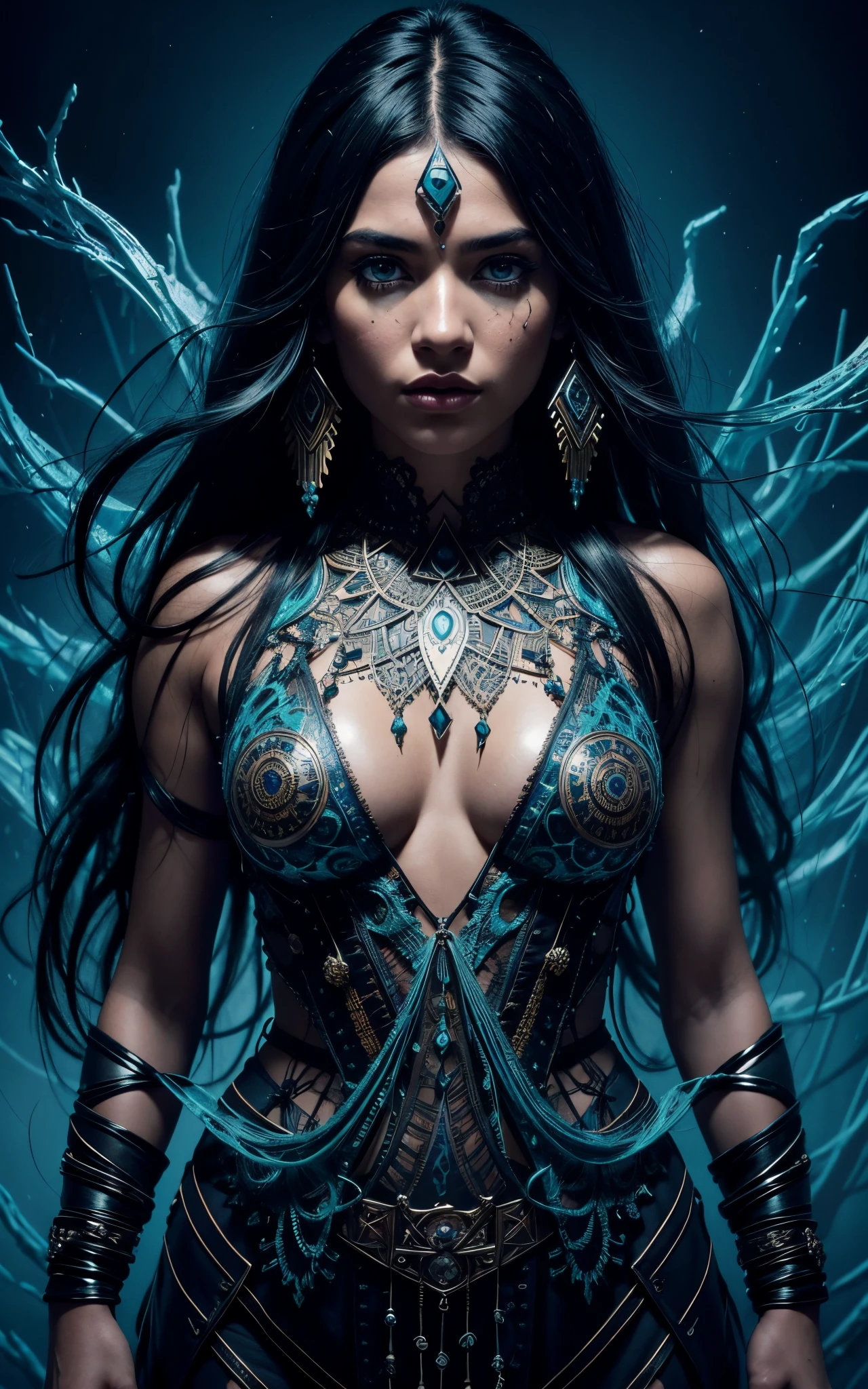 ultra-detailed artistic abstract beautiful indigenous woman with long black hair, magic with bioluminescent filigree, geometric photography, 32k fashion abstract poster, detailed symmetrical blue iris, natural body posture by artist russ mills, art by alberto seveso, by Carne Griffiths, by Wadim Kashin, symmetrical, abstract art style, sharp eyes, digital painting, burst of color, concept art , volumetric lighting, by GIlSam-paio octane rendering depicting innovation and truth, 8k, by Lee Jeffries, Alessio Albi, Adrian Kuipers, glamour, intricate detailed environment, lace, smudges , dark background, masterpiece, ornate, depth - studio Gs perfecty.