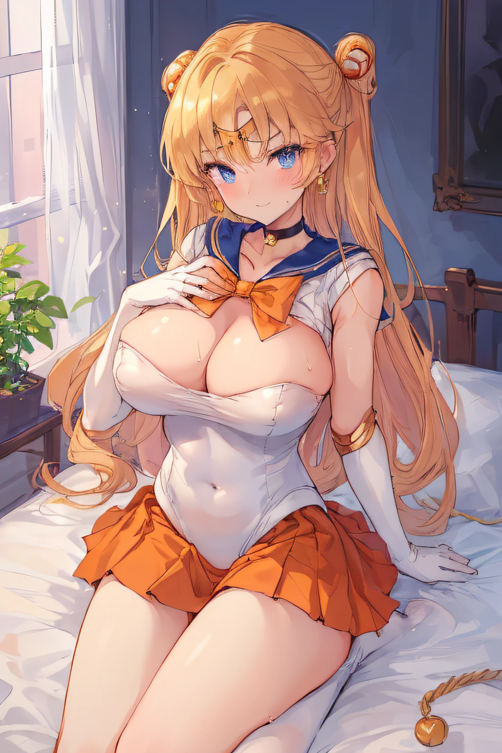 masterpiece, top-quality, hight resolution, 8K, Hi-Res, ultra-detailliert, 1girl in, (Anatomically correct), Full limbs, Precise fingertips, Slender 18 year old beautiful active girl, Brown-eyed, Slender eyes, A dark-haired, extra very short hair, (Black skin:1.2), (Sailor Moon: 1.3), (white leotard), (Sailor color in orange), the bow, (Over-the-knee boots:1.1), a choker, (white glove), (elbowgloves), (orangeskirt), sole, (Lying in bed), ((One hand is in the crotch:1.2 sailor_senshi_uniform, Anime Aunt, A MILF, sailor_Collar, Skirt, aino minako, Solo, Bow, white glove, sailorvenus, Blonde long-haired woman, elbowgloves, Red ribbon on head, Orange sailor collar, Golden Sailor Color, Back_Bow, orangechoker, Golden choker, Jewelry, Blue-eyed woman, Orange skirt, Golden skirt, Magical_girl, 耳Nipple Ring, circlet, skirt rift, Smile, rating:safe, Leotard, pleatedskirt, Underwear, Lifted_in door_self-expression, Half Up Hair, Bare shoulders, Bare legs, cowboys_shot, 鎖骨, shiny, up looking_で_viewer, panties on, Purple ribbon on chest, Woman standing, shiny_hair, Bangs, eyebrows_Visible_through_hair, hair_Bow, Closed_Mouth, highleg, very_long_hair, shiny_skin, heart mark, white leotard, white panties, huge tits 8)), ((masturbation)), ((Touching the chest with one hand:1.28)), embarassed face, High school students, Full body like, Bust 86, Waist 58, Hip 88, (Mass sweat), (Tempered body, Toned body, Split abs:1.1), (Invite your beloved to have sex with her), Drenched body, Wet body, covered in water drops, soaked, Dripping wet, shiny white skin, glossy wet skin!!