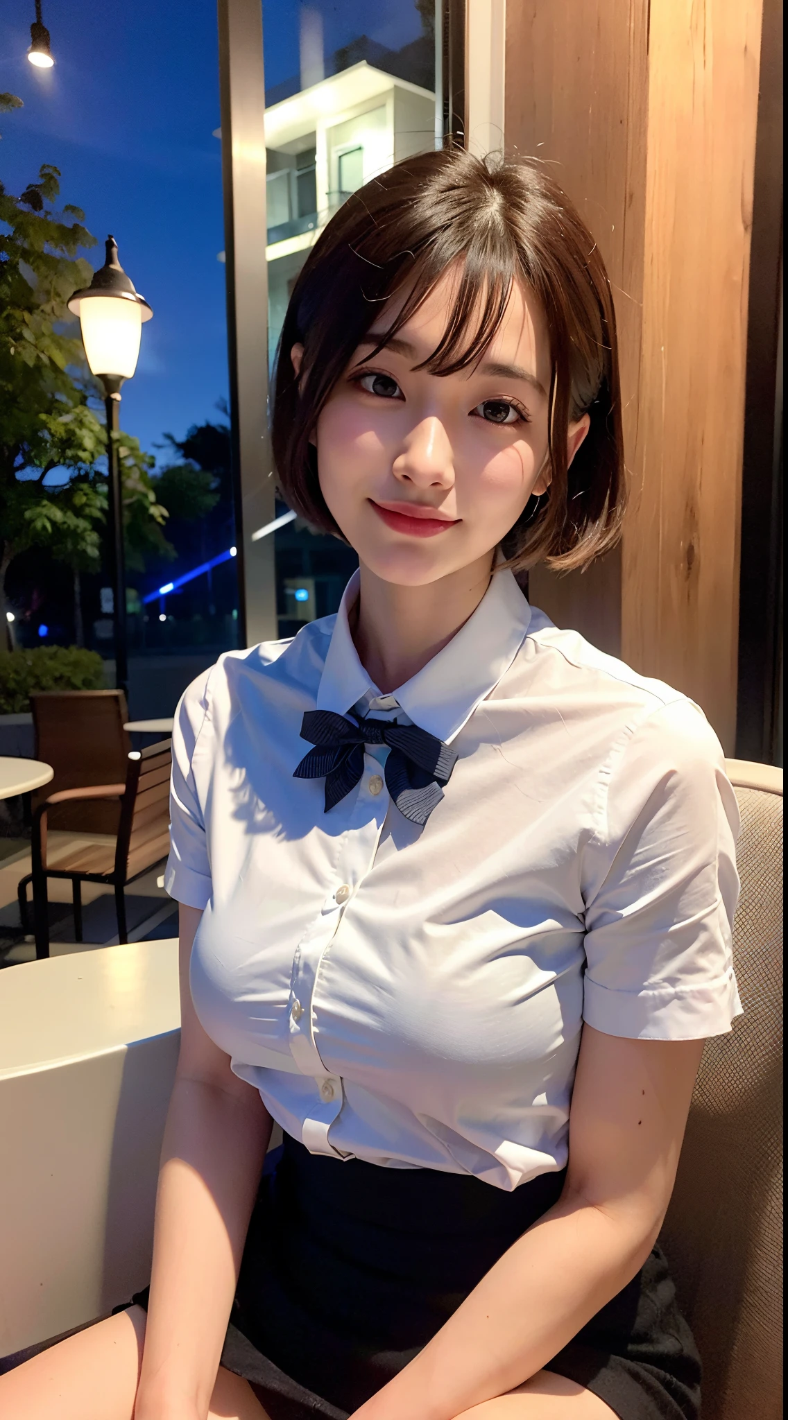 (8K, Raw photo, Best Quality, masutepiece:1.2), (Realistic, Photorealsitic:1.37), Ultra-detailed, 1 girl,Cute, Solo,Beautiful detailed sky,Detailed Cafe,Night,Sitting,Dating,(nose blush),(lightsmile:1.1), medium breasts,Beautiful detailed eyes,(Collared shirt:1.1), bowtie,Pleated skirt,(Short hair:1.2),Floating hair、Black shirt