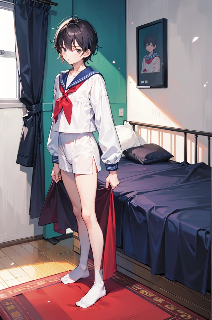 (of a man),schoolboy,mature,Handsome face,Flat chest and thin waist,long leges,a sailor suit,Soft bed,