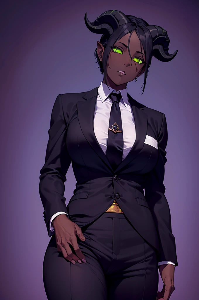 (Masterpiece) (High Detail) (High Res) (Black Skin) Looking from below A tall black humanoid girl with dark skin and ebony flesh and green eyes and short black hair and half her head shaved and goat ears and short dark goat horns and a toned body and average to small breasts and wearing a formal suit and tie with a purple undershirt and a massive bulge in her pants from her penis