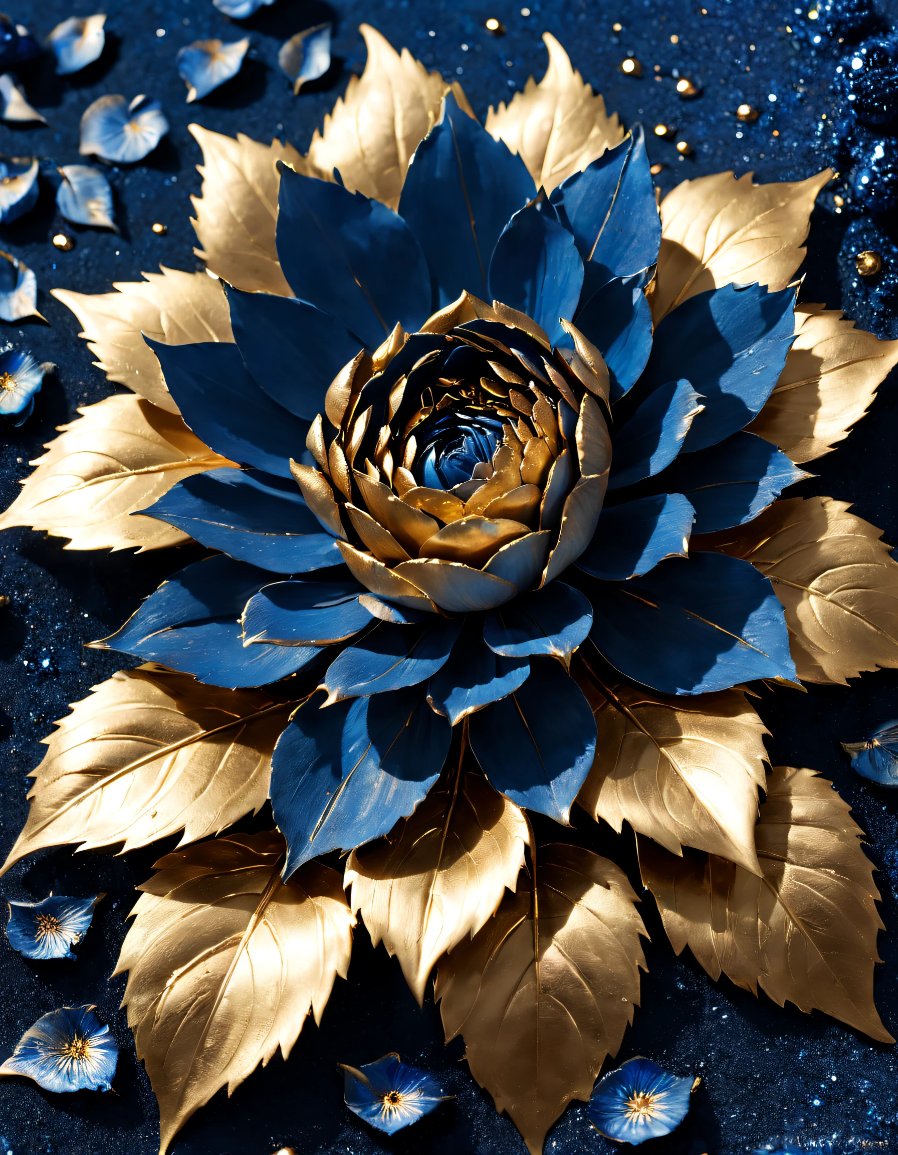 (Blue enchantress rose made of precious metal), Each metallic blue enchantress flower has cascading petals, Blue spray gold sand,gilded,Rich metallic texture,they are dark blue,Like the night sky and the deep sea,Has an attractive metallic luster,leaves made of platinum,(Petals made of gold and black gold:1.37),The edges of the petals are brushed metal, golden sunflower flower, blue enchantress rose, flowers and gold, Gorgeous flowers,intricate flowers, Messy golden leaf flowers, 16k,Rococo elements, Capturing light and shadow,Give people a kind of tenacious growth、Unyielding spiritual foundation:Rough volcanic rock texture,