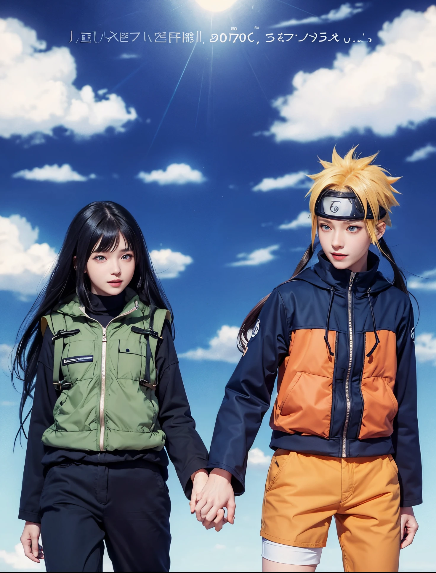 1man, uzumaki naruto in anime naruto, short hair, yellow hair, blue eyes, smile, beautiful, orange clothes, realistic clothes, detail clothes, outdoor background, ultra detail, realistic.1girl, hinata in anime naruto, long hair, black hair, white eyes, smile, beautiful, green clothes, , realistic clothes, detail clothes, outdoor background, ultra detail, realistic