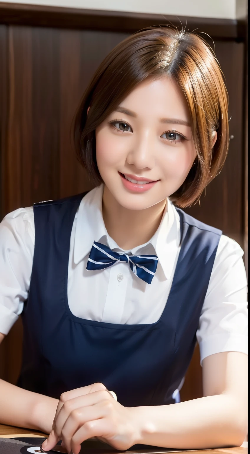 ((Top Quality, 8k, Masterpiece: 1.3)), Sharp Focus, One Girl, Slim Beauty: 1.2, Brown Hair, Short Hair, (Big: 1.5), (Layer Cut), Detailed Eyes, Double Eyelids, Cute Smile, (Close Mouth), (Cute), Soft Skin, Reflecting the whole body, Ultra Realistic, Ultra Detailed, High Quality, (Beautiful short-haired waitress who comes to the table to take orders), (( Detailed very cute waitress uniform)), (((Big hidden under the detailed uniform))), ((Big that can be seen even from the top of the uniform))