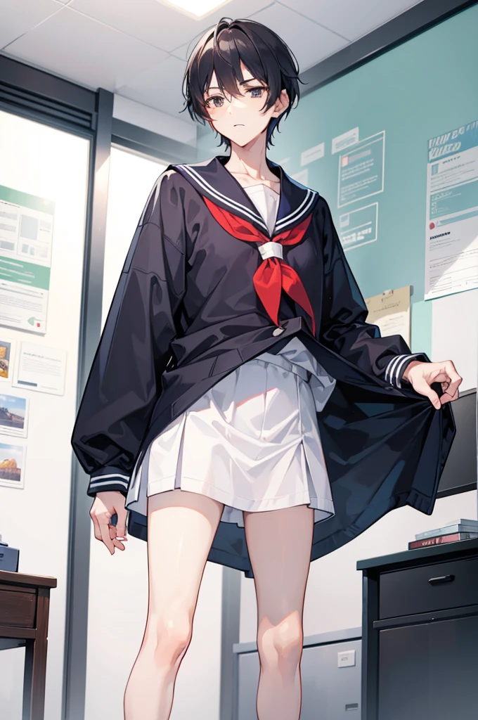 (of a man),boy,mature,Handsome face,Flat chest and thin waist,long leges,a sailor suit,parks,