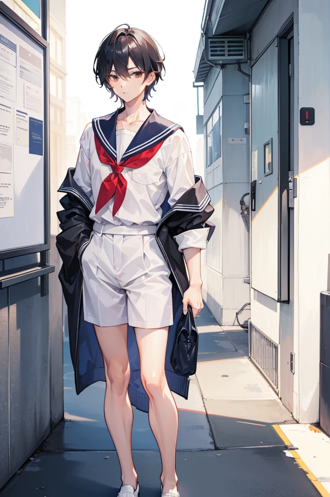 (of a man)，schoolboy，mature，Handsome face，Flat chest and thin waist，long leges，a sailor suit，parks，