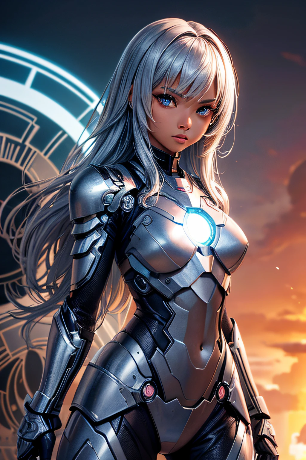 black girl, silver iron man armor, sexi, combat stance, highly detailed, vibrant appearance, creative behavior, imaginative, sensual, spontaneous, small breasts, sexi, highest quality, skin texture, intricate details, (cinematic lighting), RAW photo, 8k, masterpiece,best quality,ultra-detailed,very detailed illustrations,extremely detailed,intricate details,highres,super complex details,extremely detailed 8k cg wallpaper,
