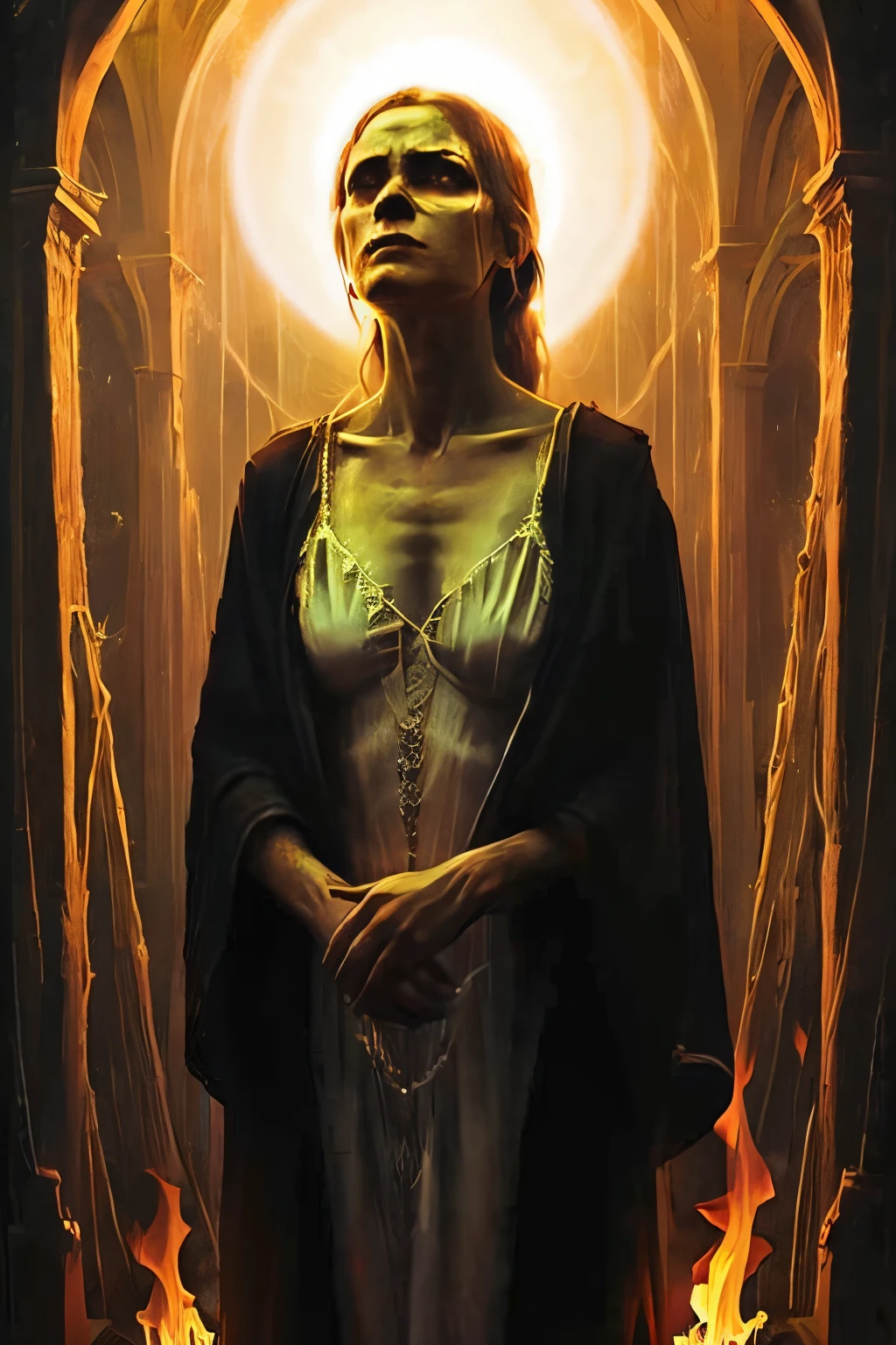 pale woman, black robes, clothed in black, standing in Hell, dark, facing viewer, cold gaze, flaming halo, halo of flame, dim light, goddess of death, high quality, perfect detail, masterpiece, ultra-detailed, realistic:1.37, haunting, ominous, ethereal, otherworldly, transcendent, powerful presence, sinister beauty, stark contrast, sharp focus, sublime scenery, macabre atmosphere, gentle darkness, vivid colors, majestic, imposing stature, captivating, mythical, grandeur, dramatic lighting, pure white skin, piercing eyes, mesmerizing, deathly stillness