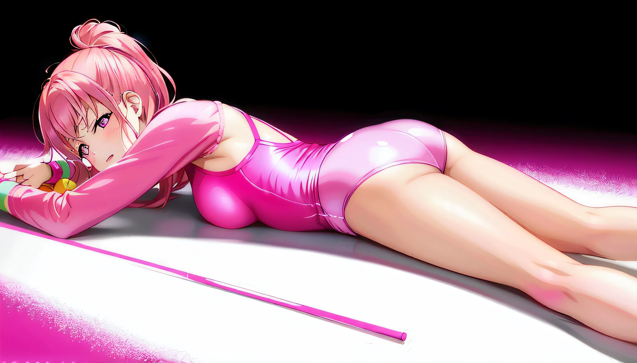 Anime girl in a pink leotard lying on the floor with a pink stick, Pink body, Smooth Anime CG Art, Seductive Anime Girl, bubblegum body, some pink, Lying Dynamic Pose, shining pink armor, pink girl, smooth pink skin, pink iconic characters, photorealistic anime girl render, 3d anime girl, beautiful alluring anime , humanoid pink female squid girl