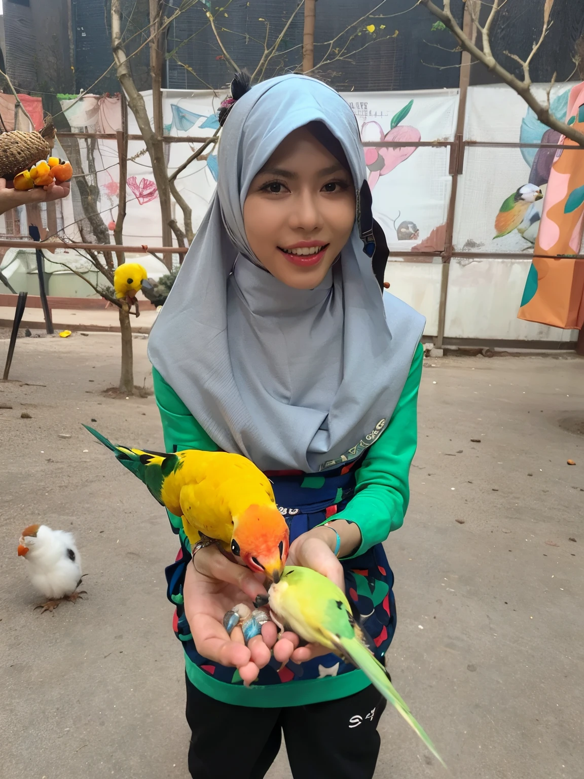 there is a woman holding two birds in her hands, pet bird, with great birds, with a big parrot, with his pet bird, with chicks, beautiful girl, with kind face, taken with sony alpha 9, beautiful lady, taken in zoo, with a happy expression, ismail, potrait, birb, with funny feeling, captured with sony a3 camera