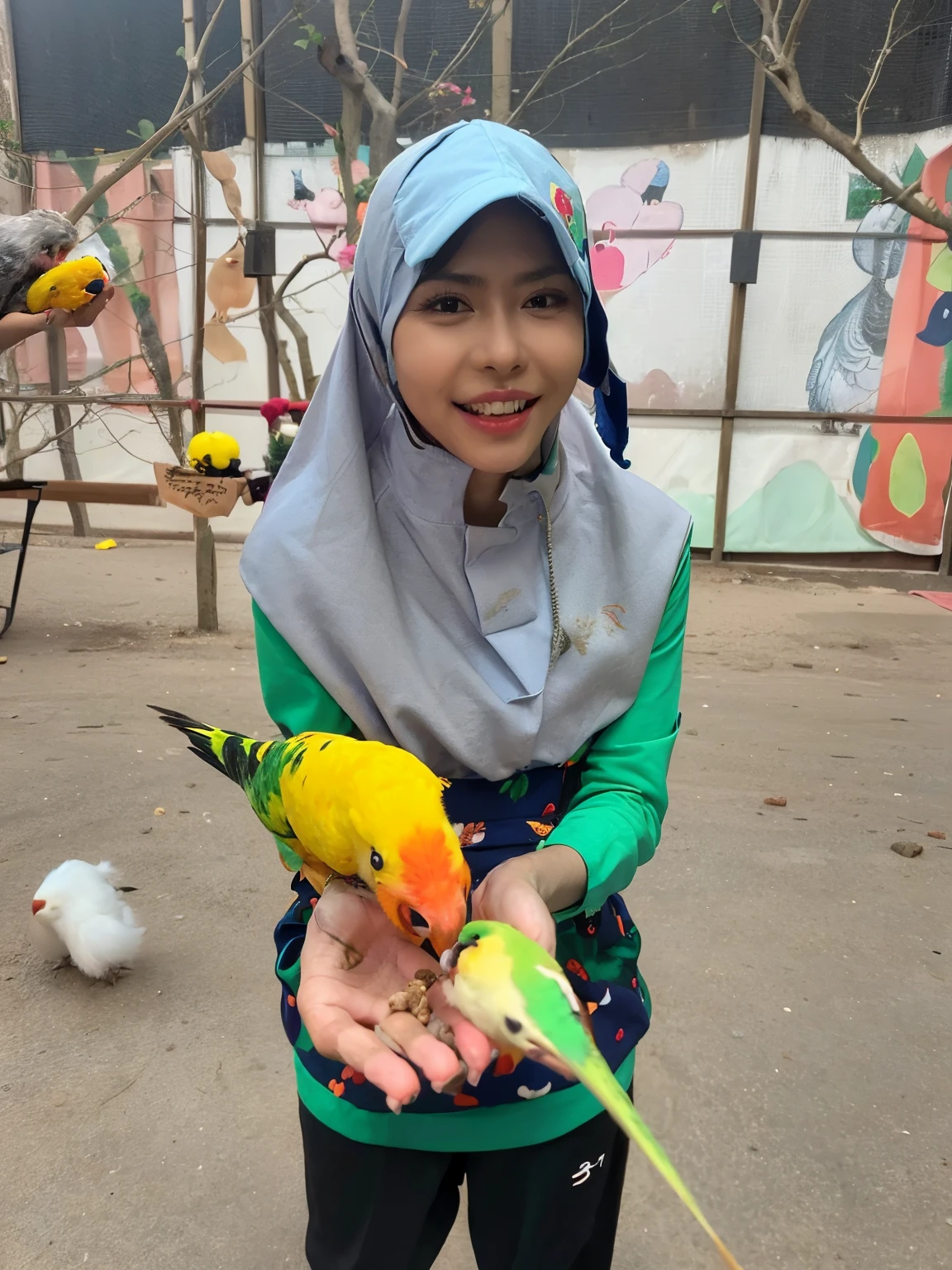 there is a woman holding two birds in her hands, pet bird, with great birds, with a big parrot, with his pet bird, with chicks, beautiful girl, with kind face, taken with sony alpha 9, beautiful lady, taken in zoo, with a happy expression, ismail, potrait, birb, with funny feeling, captured with sony a3 camera