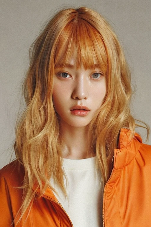 women are beige,20yr old、 light bege hair,I also have orange hair....、 Straight hair、Pattsun bangs、wearing a nylon down coat、Sporty fashion、Fashion Editorial