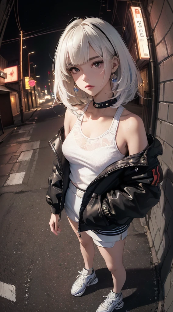 (((8k wallpaper of extremely detailed CG unit:1.2, masterpiece, hight resolution:1.2, top-quality:1.2, masutepiece))), ((a very beautiful woman, Leaning against the wall:1.2, Hands in pockets:1.8, Street fashion:1.2, wearing a colorful jacket:1.2, Wearing sneakers)), ((extra detailed face, Highly detailed black eyes, extra detailed body, Top quality real texture skins)), (Straight Hair Hair:1.4, de pele branca, exposed shoulder), ((Empty alley, Mileland. natta, Neon Street)), (high-angle, a closeup, Fisheye:1.3), hyper realisitic, digitial painting,