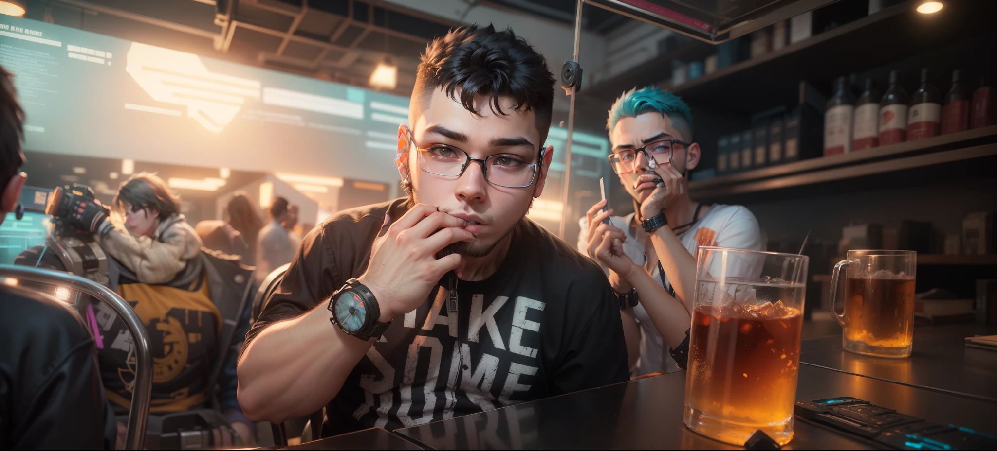 Change its background into professionaly and cyberpunk cute boy realistics with glasses.