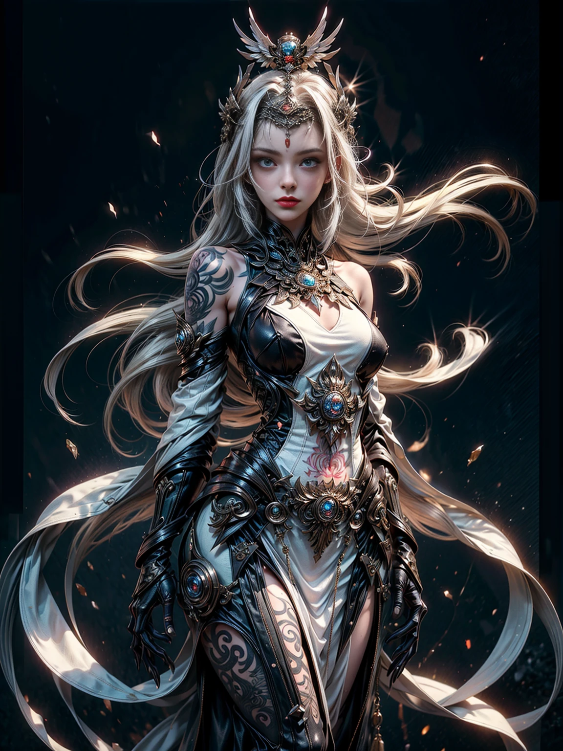 a beautiful baby, Sexual position, Erotic design , Erotic face,  lewd poses, There are white hairs in the pores, small tit, largeeyes, Sexy eyes, The whole body is covered with tattoos, Redlip, Sensual lips, sensual face, ,  lewd poses, Full body lesbian, (Windy), white backgrounid, dark light, White dress,Shirtless,hologram