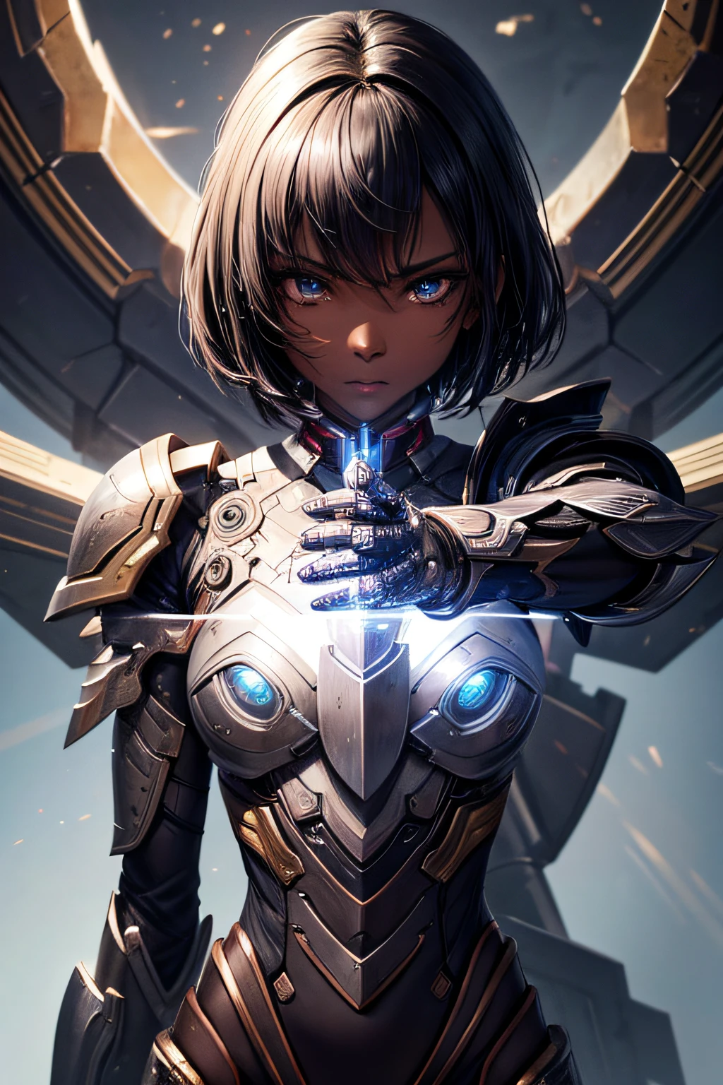 african girl, black skin, short black hair, silver iron man armor, laser cannon attached to left shoulder, sexi, combat stance, highly detailed, vibrant appearance, creative behavior, imaginative, sensual, spontaneous, small breasts, sexi, highest quality, skin texture, intricate details, (cinematic lighting), RAW photo, 8k, masterpiece,best quality,ultra-detailed,very detailed illustrations,extremely detailed,intricate details,highres,super complex details,extremely detailed 8k cg wallpaper,