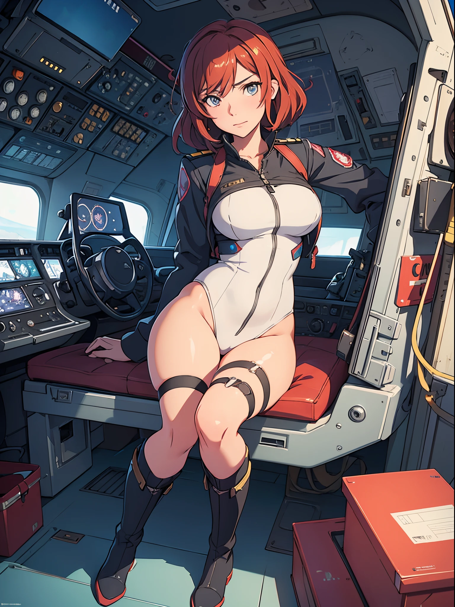 a close up of a woman sitting in a plane cockpit, pilot girl, cute pilot girl, cushart krenz key art feminine, cushart kenz, cushart krenz, cushart, official artwork, detailed digital anime art, official art, in cockpit, a-1 pictures, macross delta splash art, clean detailed anime art, leotard, bare legs, boots