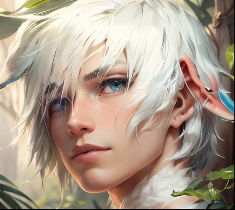 Garoto elfo, elfo de cabelo branco, elfo bonito garoto com franja, garoto de cabelo desenhado e curto, cabelo branco, garoto elfo de cabelo branco, girl with elven ears, garoto de orelha com todas epicas, boy with white hair and elven ears