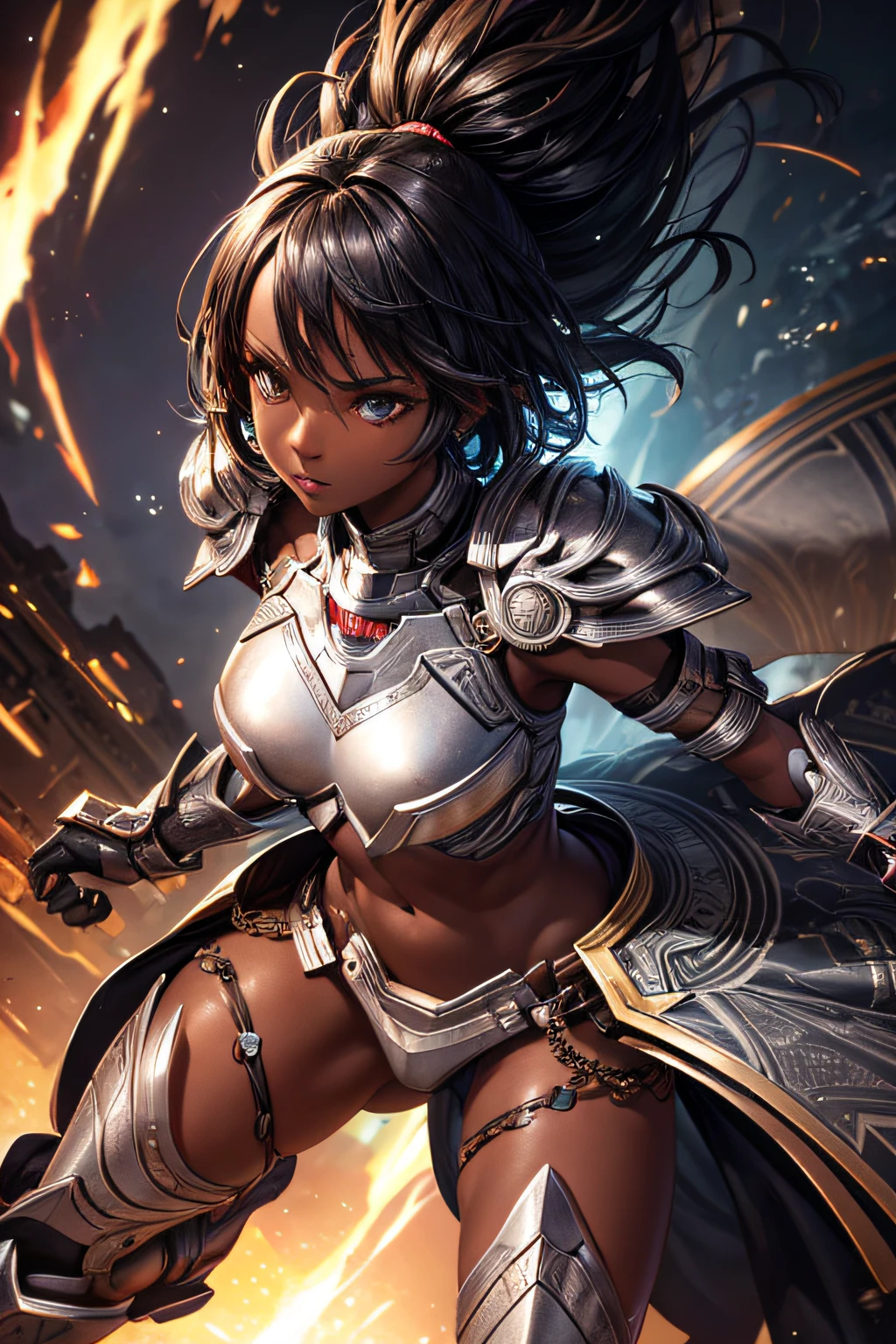 african girl, black skin, short black hair, silver iron man armor, sexi, combat stance, highly detailed, vibrant appearance, creative behavior, imaginative, sensual, spontaneous, small breasts, sexi, highest quality, skin texture, intricate details, (cinematic lighting), RAW photo, 8k, masterpiece,best quality,ultra-detailed,very detailed illustrations,extremely detailed,intricate details,highres,super complex details,extremely detailed 8k cg wallpaper,